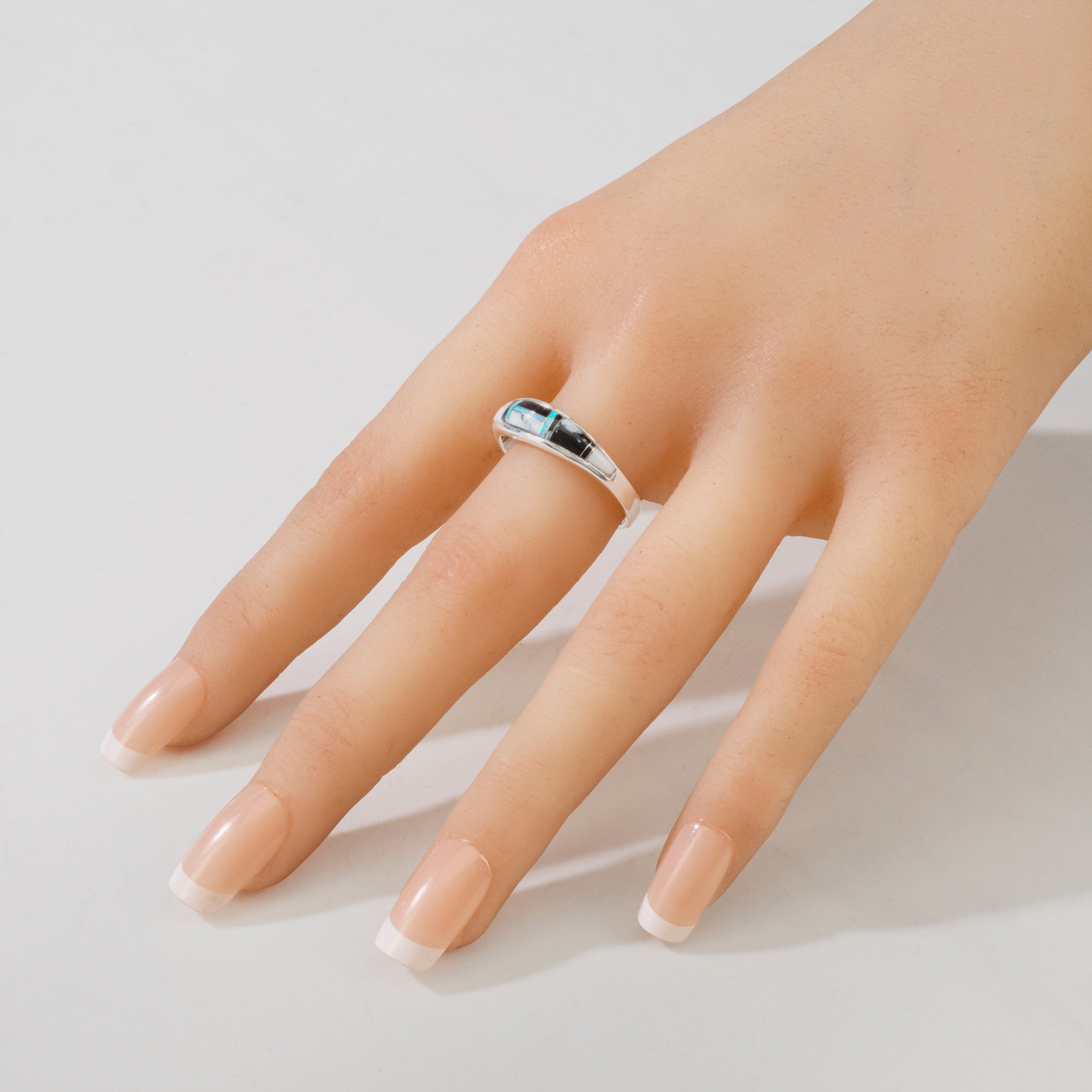 Kalifano Southwest Silver Jewelry White Buffalo Turquoise 925 Sterling Silver Ring USA Handmade with Laboratory Opal Accent