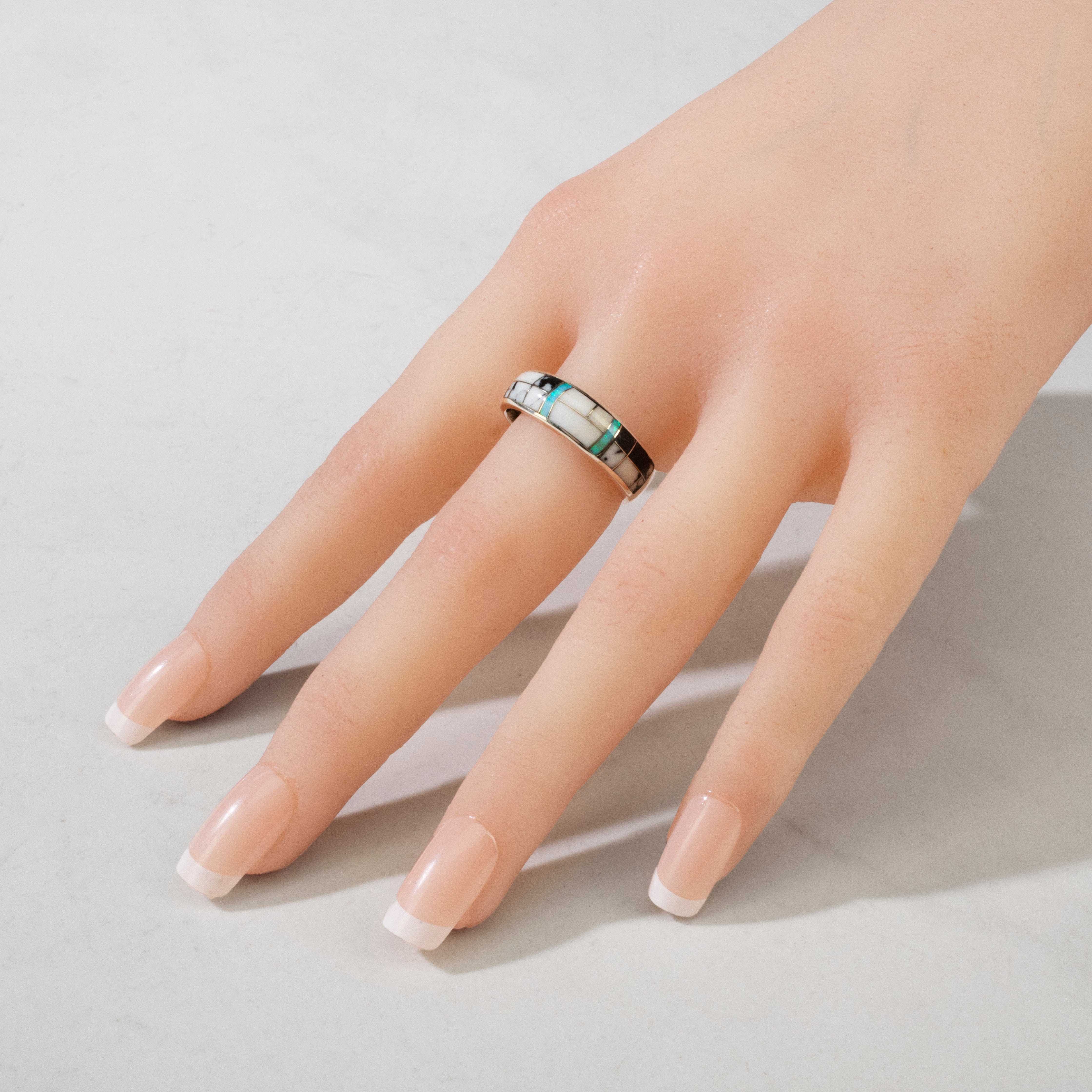 Kalifano Southwest Silver Jewelry White Buffalo Turquoise 925 Sterling Silver Ring USA Handmade with Laboratory Opal Accent