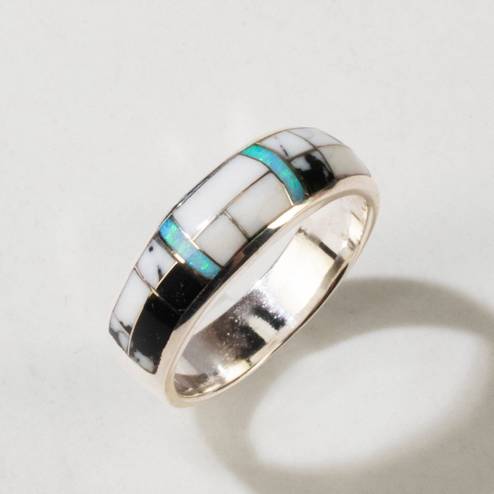 Kalifano Southwest Silver Jewelry White Buffalo Turquoise 925 Sterling Silver Ring USA Handmade with Laboratory Opal Accent