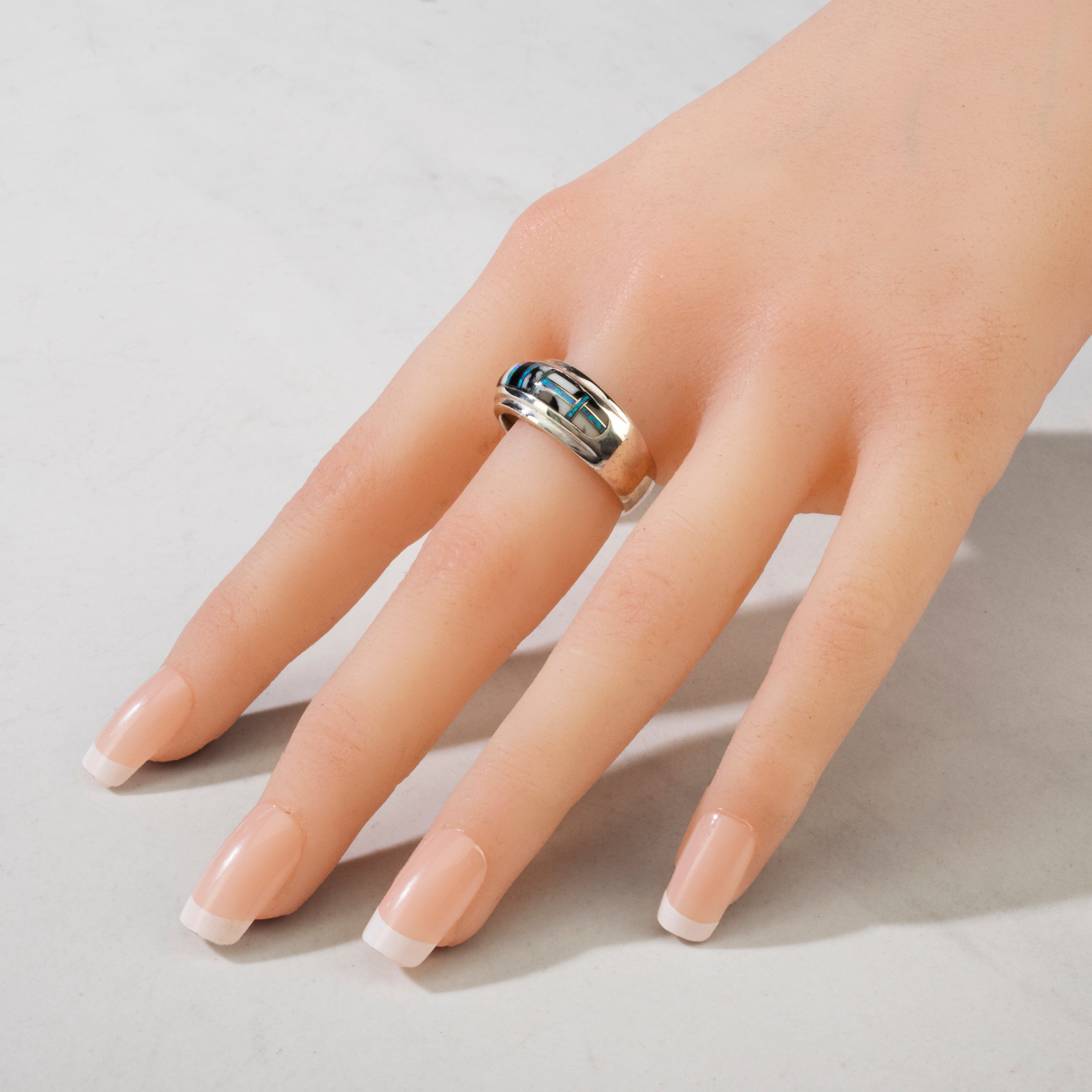 Kalifano Southwest Silver Jewelry White Buffalo Turquoise 925 Sterling Silver Ring USA Handmade with Laboratory Opal Accent