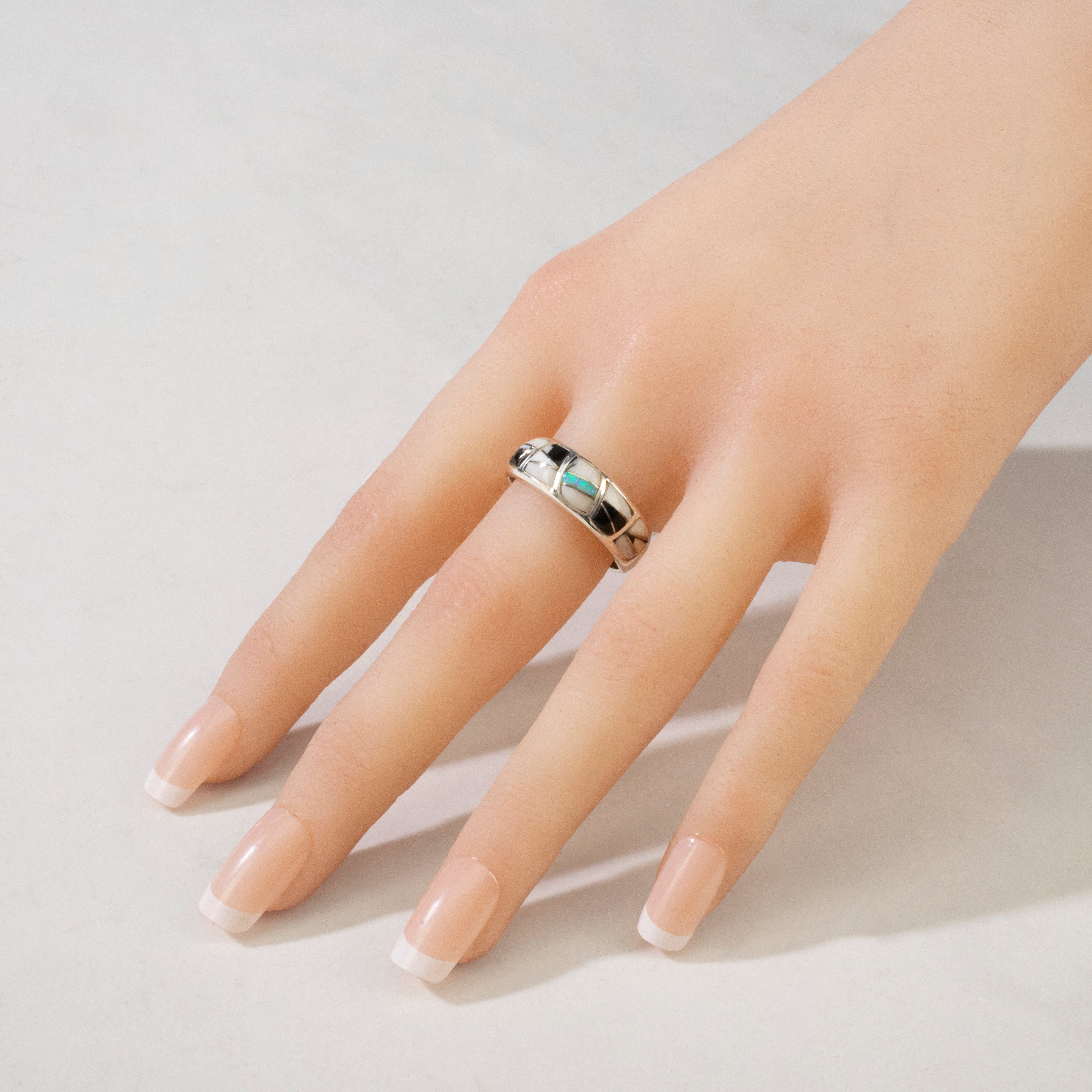 Kalifano Southwest Silver Jewelry White Buffalo Turquoise 925 Sterling Silver Ring USA Handmade with Laboratory Opal Accent