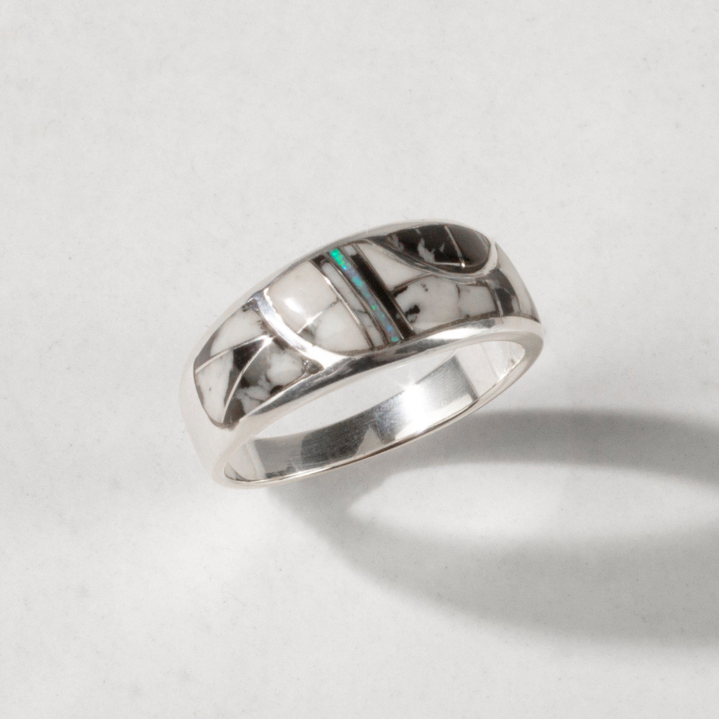 Kalifano Southwest Silver Jewelry White Buffalo Turquoise 925 Sterling Silver Ring USA Handmade with Laboratory Opal Accent