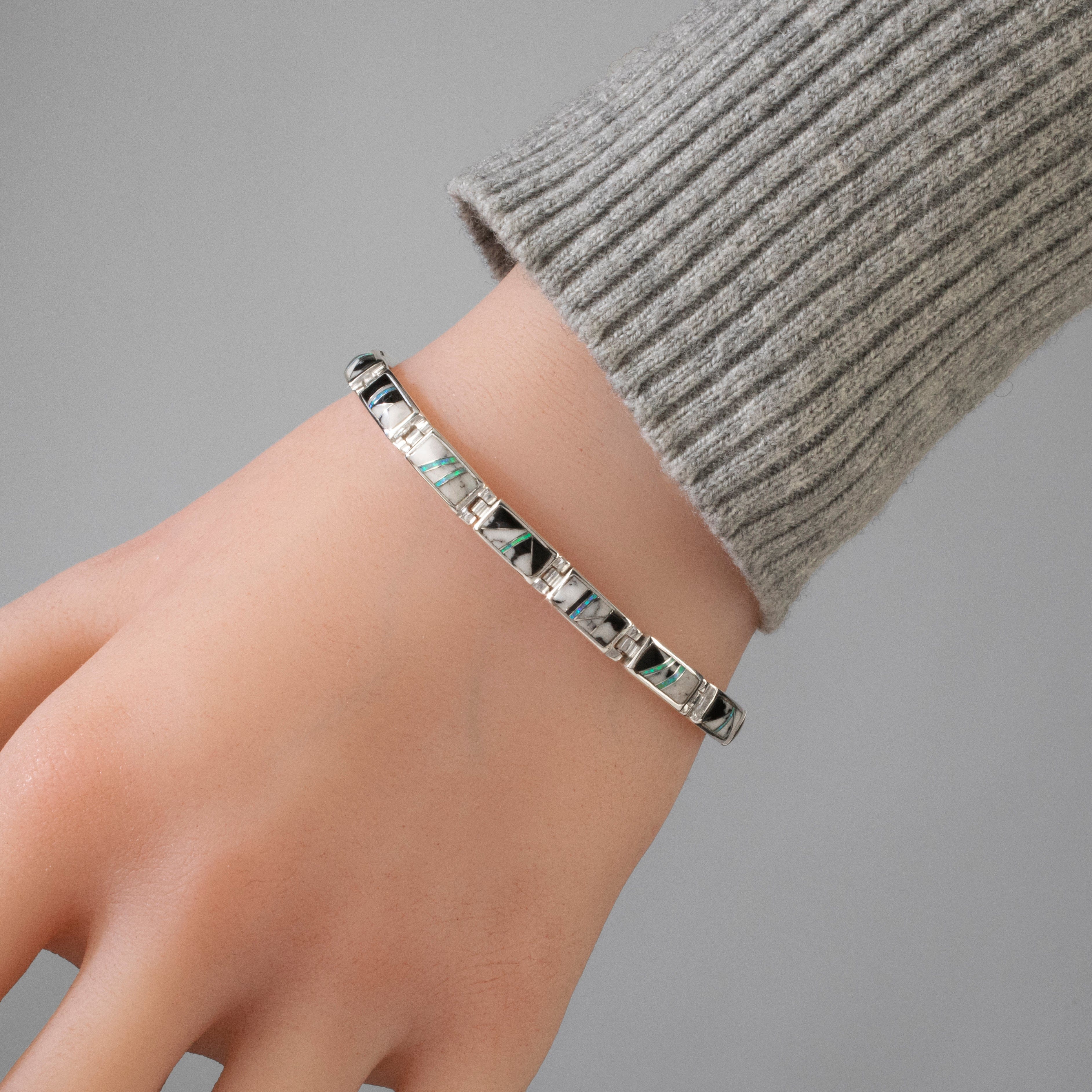 Kalifano Southwest Silver Jewelry White Buffalo Turquoise 925 Sterling Silver USA Handmade Bracelet with Opal Accent NMB.0229.WB