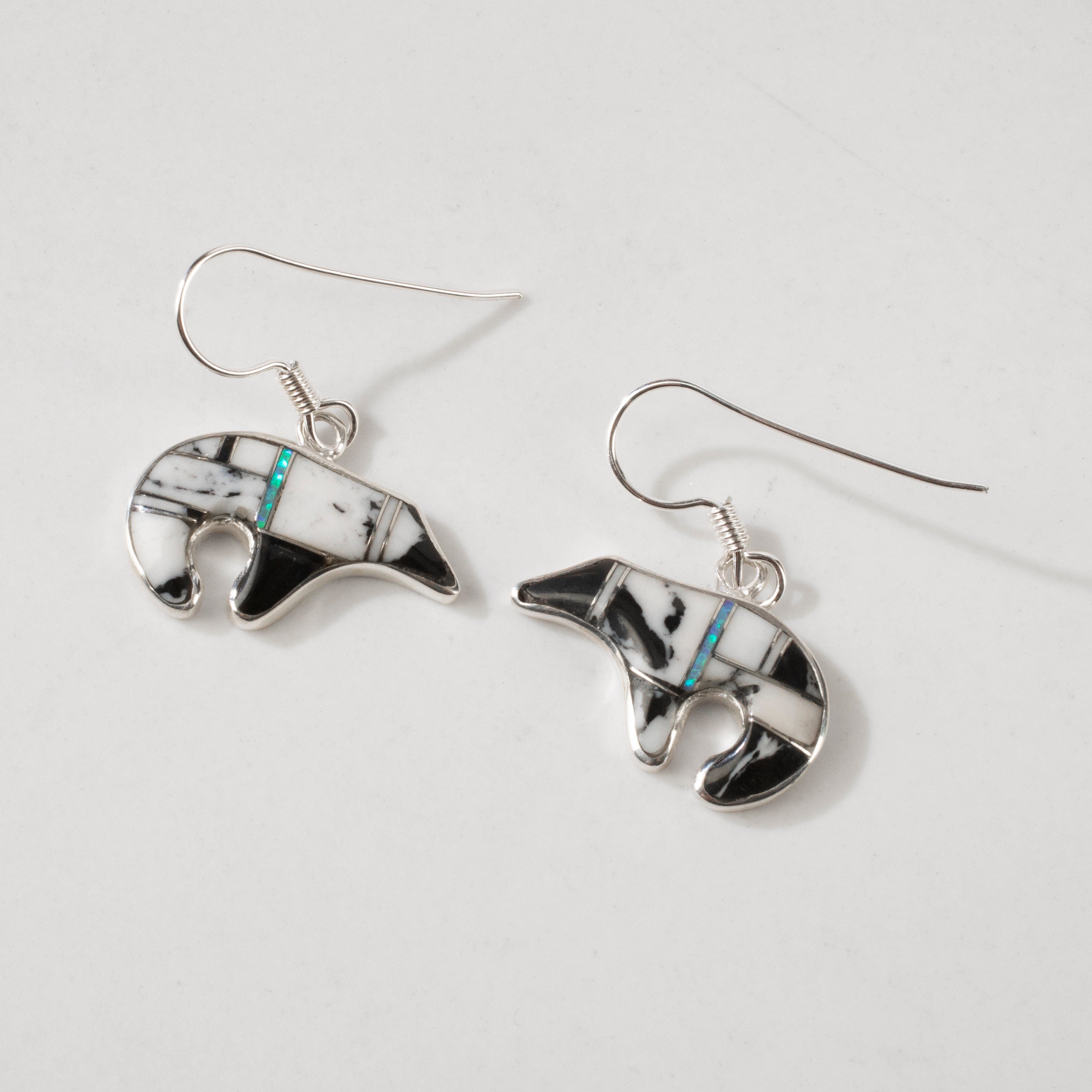 Kalifano Southwest Silver Jewelry White Buffalo Turquoise Bear 925 Sterling Silver USA Handmade Earring with French Hook NME.0471.WB