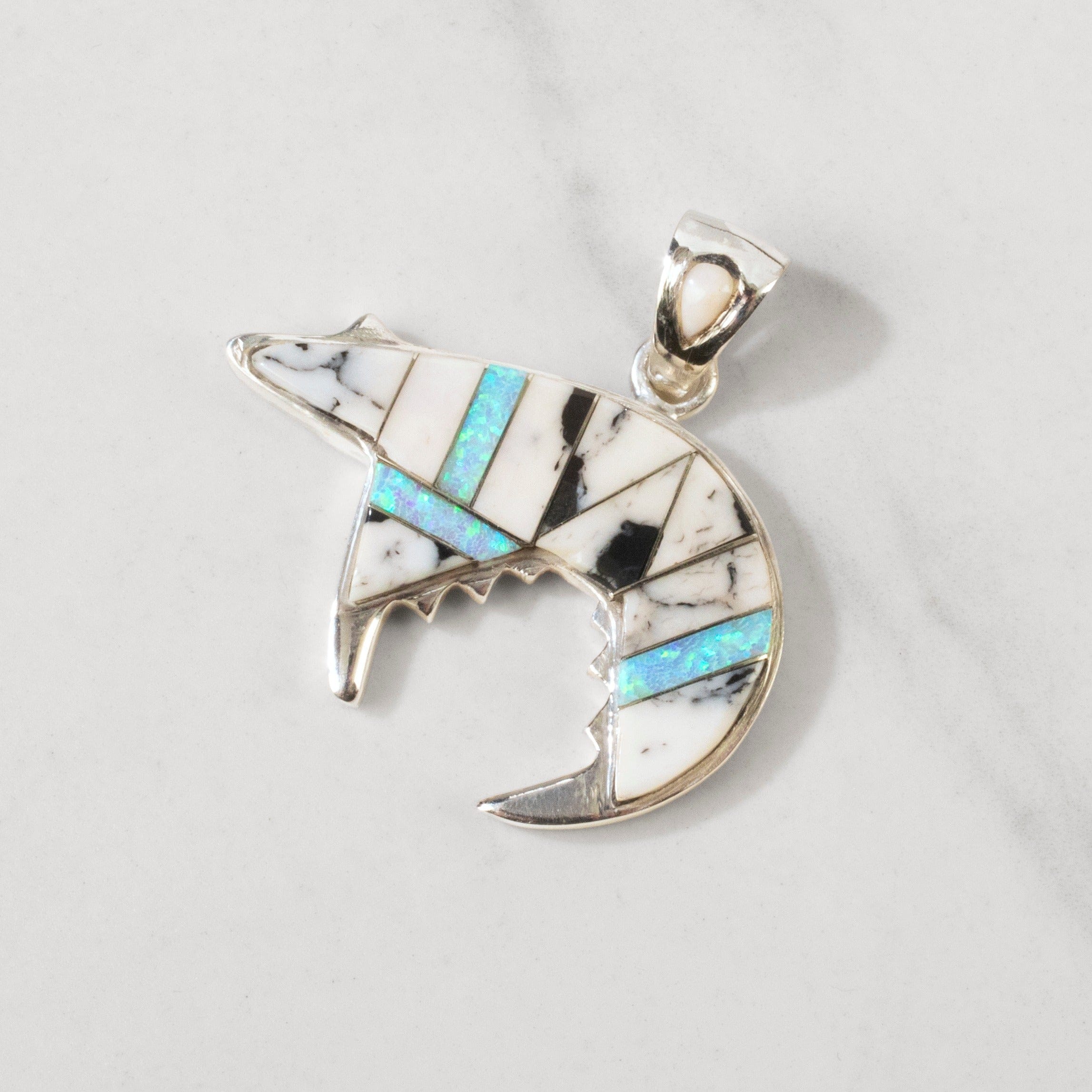 Kalifano Southwest Silver Jewelry White Buffalo Turquoise Bear 925 Sterling Silver USA Handmade Pendant with Opal Accent NMN.0755.WB
