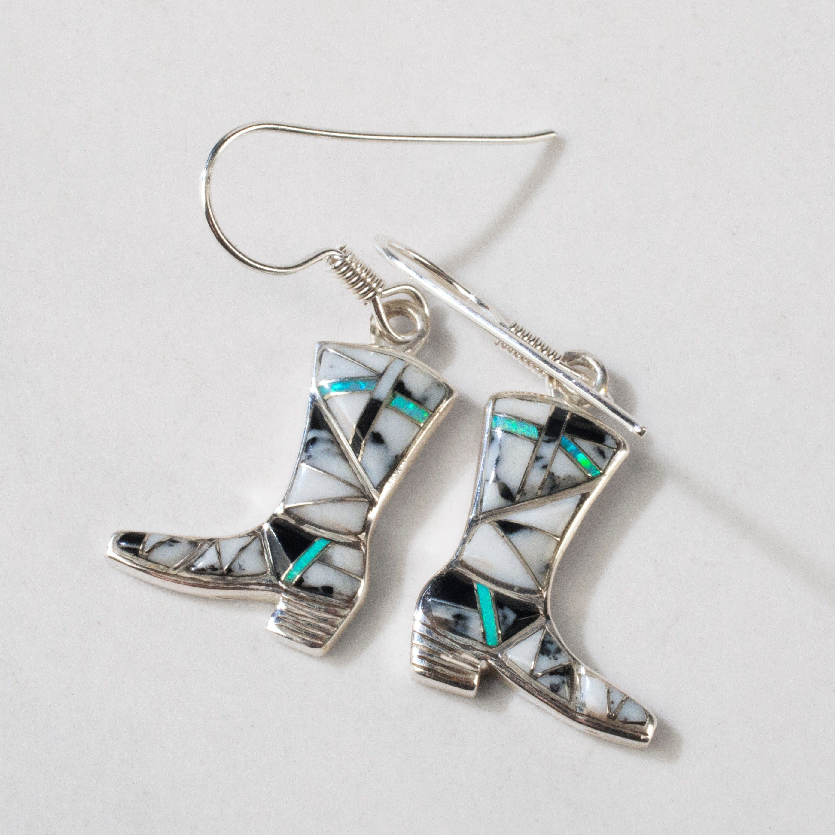 Kalifano Southwest Silver Jewelry White Buffalo Turquoise Boot 925 Sterling Silver USA Handmade Earring with French Hook NME.2297.WB