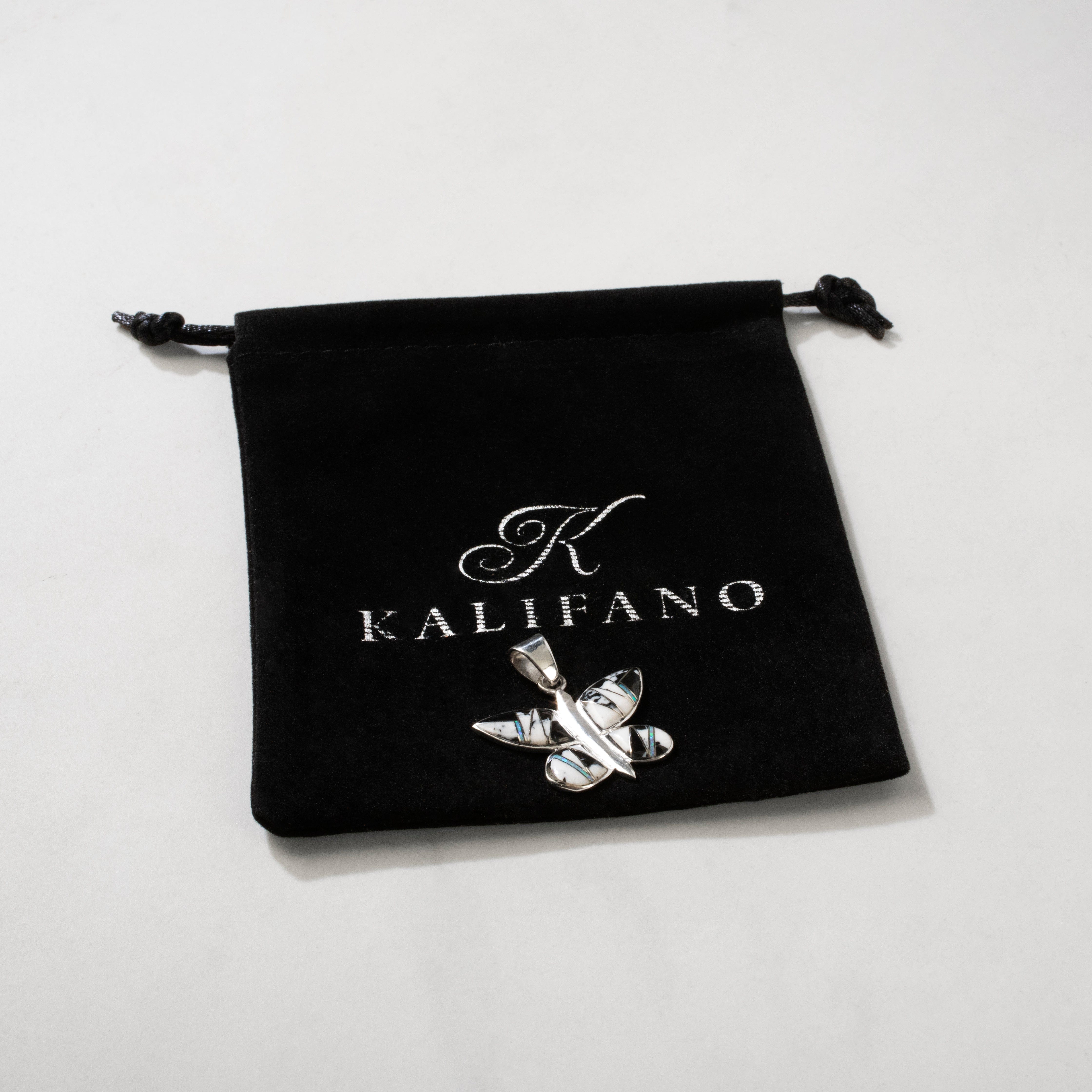 Kalifano Southwest Silver Jewelry White Buffalo Turquoise Butterfly 925 Sterling Silver USA Handmade Pendant with Opal Accent NMN.2171.WB