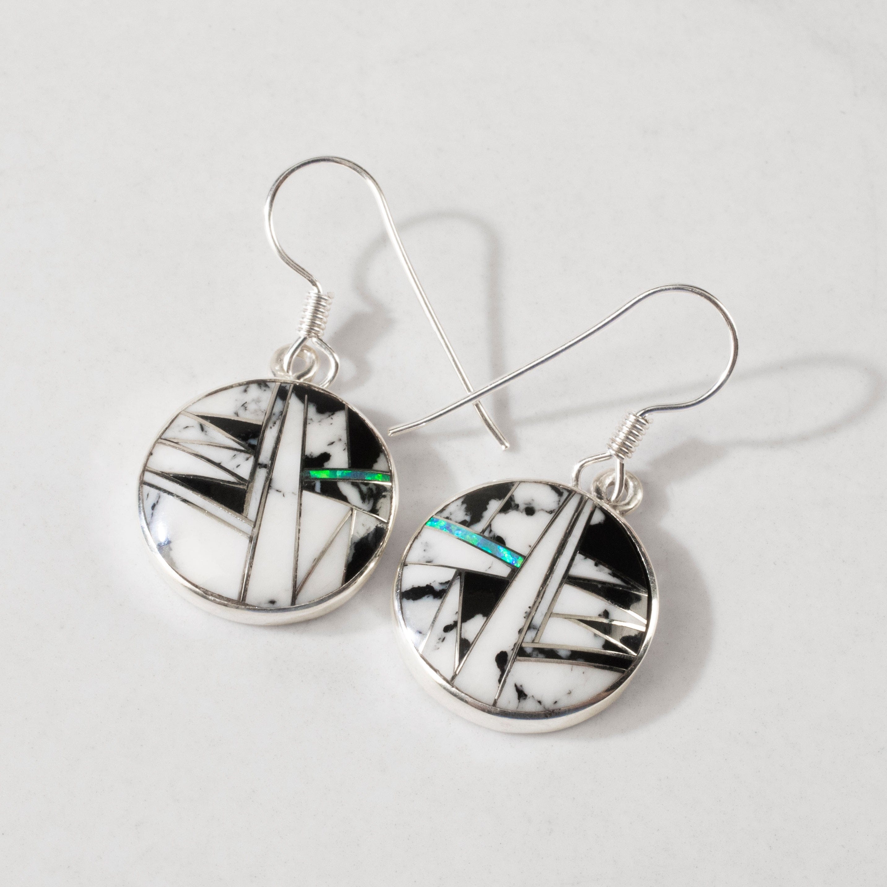 KALIFANO Southwest Silver Jewelry White Buffalo Turquoise Circular Sterling Silver Dangle Earrings with French Hook USA Handmade with Opal Accent NME.2014.WB