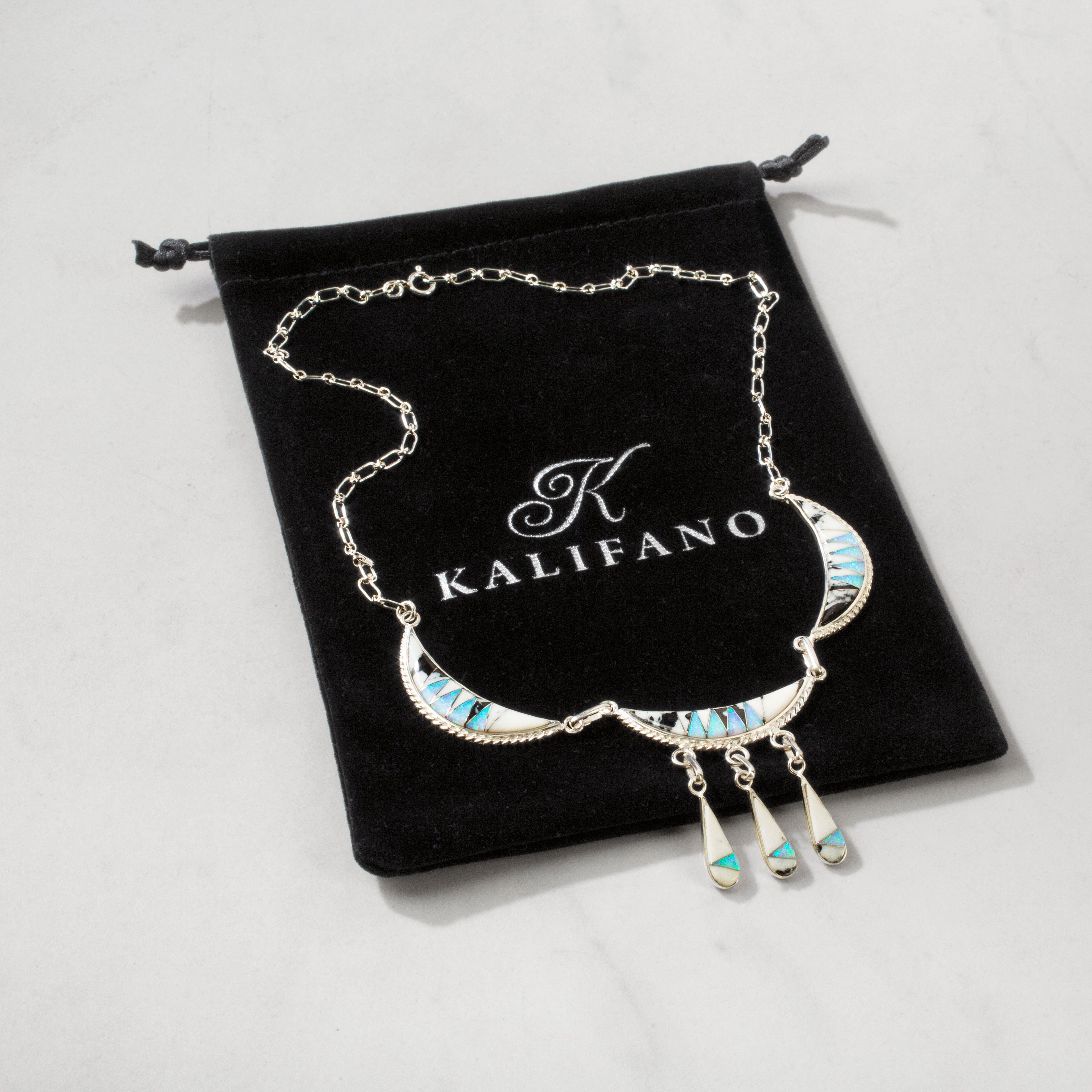 Kalifano Southwest Silver Jewelry White Buffalo Turquoise Crescent USA Handmade 925 Sterling Silver Necklace with Opal Accent NMN.0877.WB