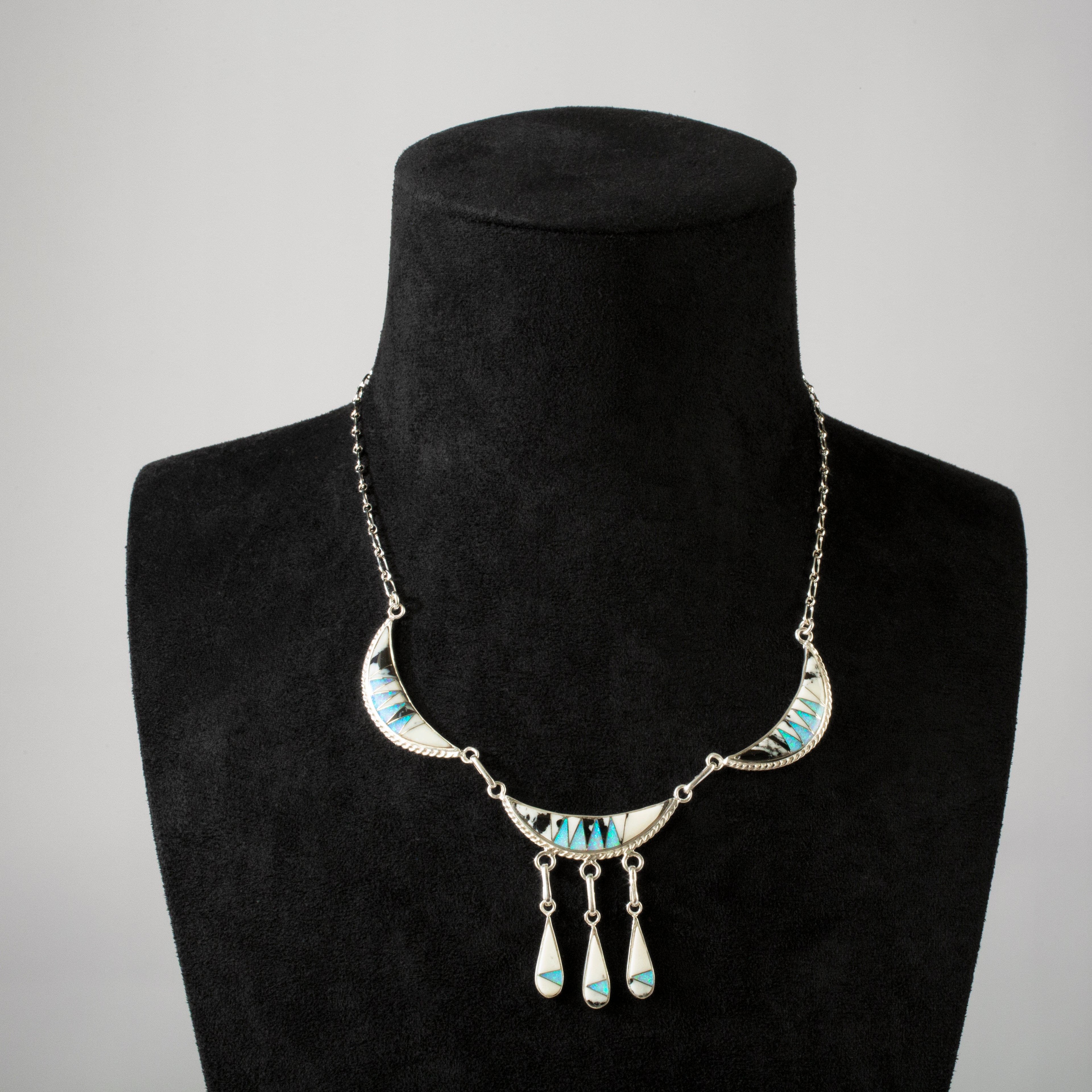 Kalifano Southwest Silver Jewelry White Buffalo Turquoise Crescent USA Handmade 925 Sterling Silver Necklace with Opal Accent NMN.0877.WB