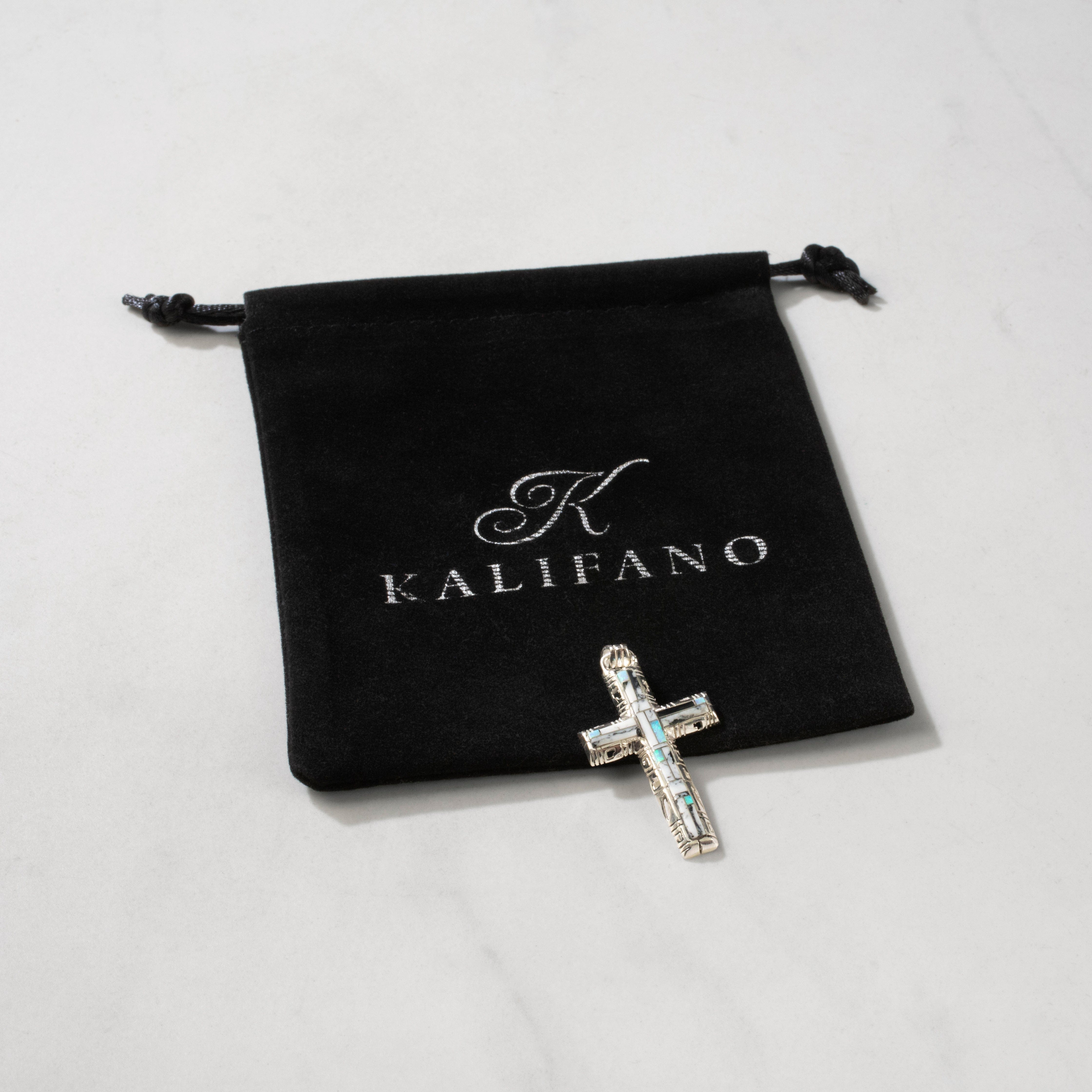Kalifano Southwest Silver Jewelry White Buffalo Turquoise Cross 925 Sterling Silver Pendant USA Handmade with Opal Accent NMN.0587.WB