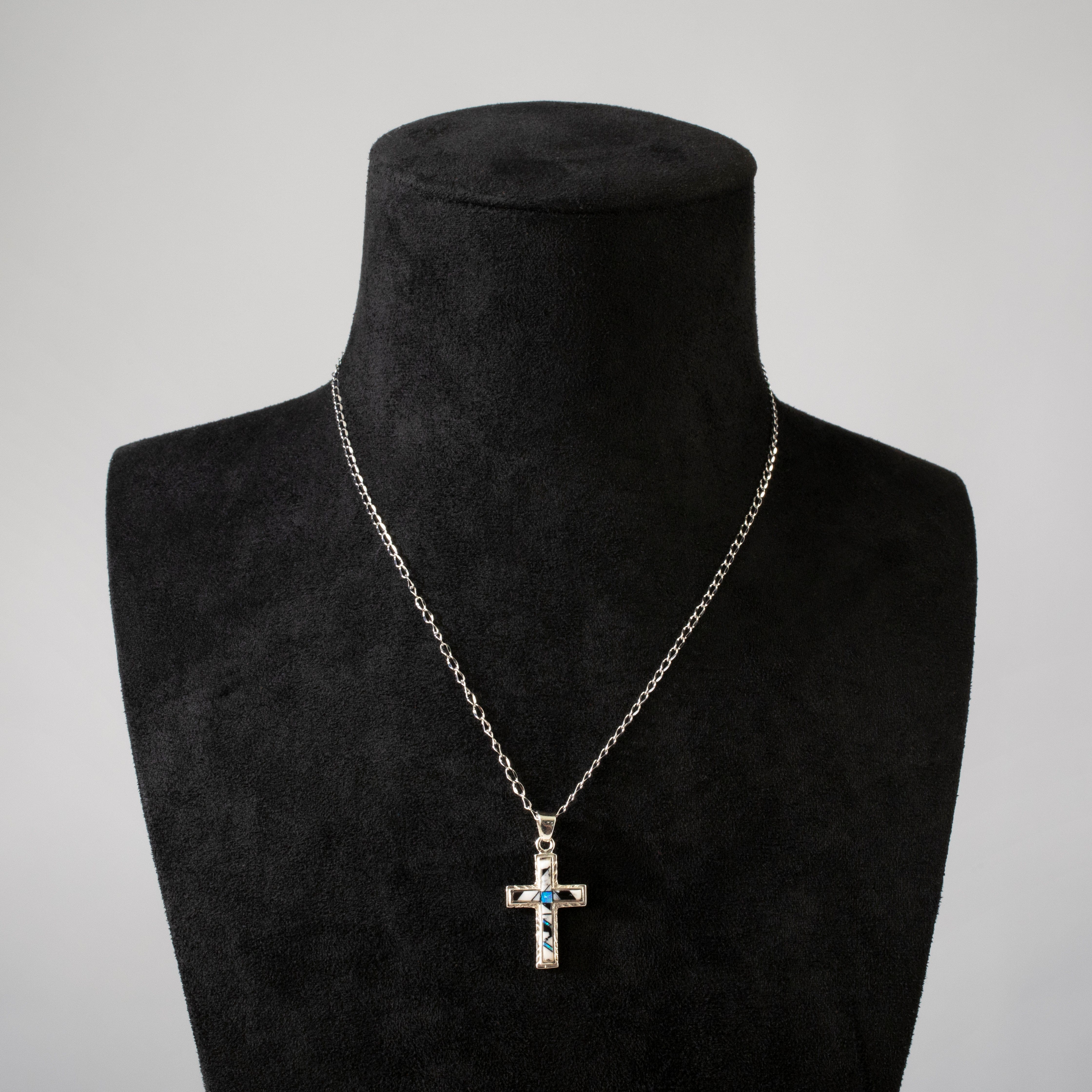 Kalifano Southwest Silver Jewelry White Buffalo Turquoise Cross 925 Sterling Silver USA Handmade Pendant with Opal Accent NMN.2054S.WB