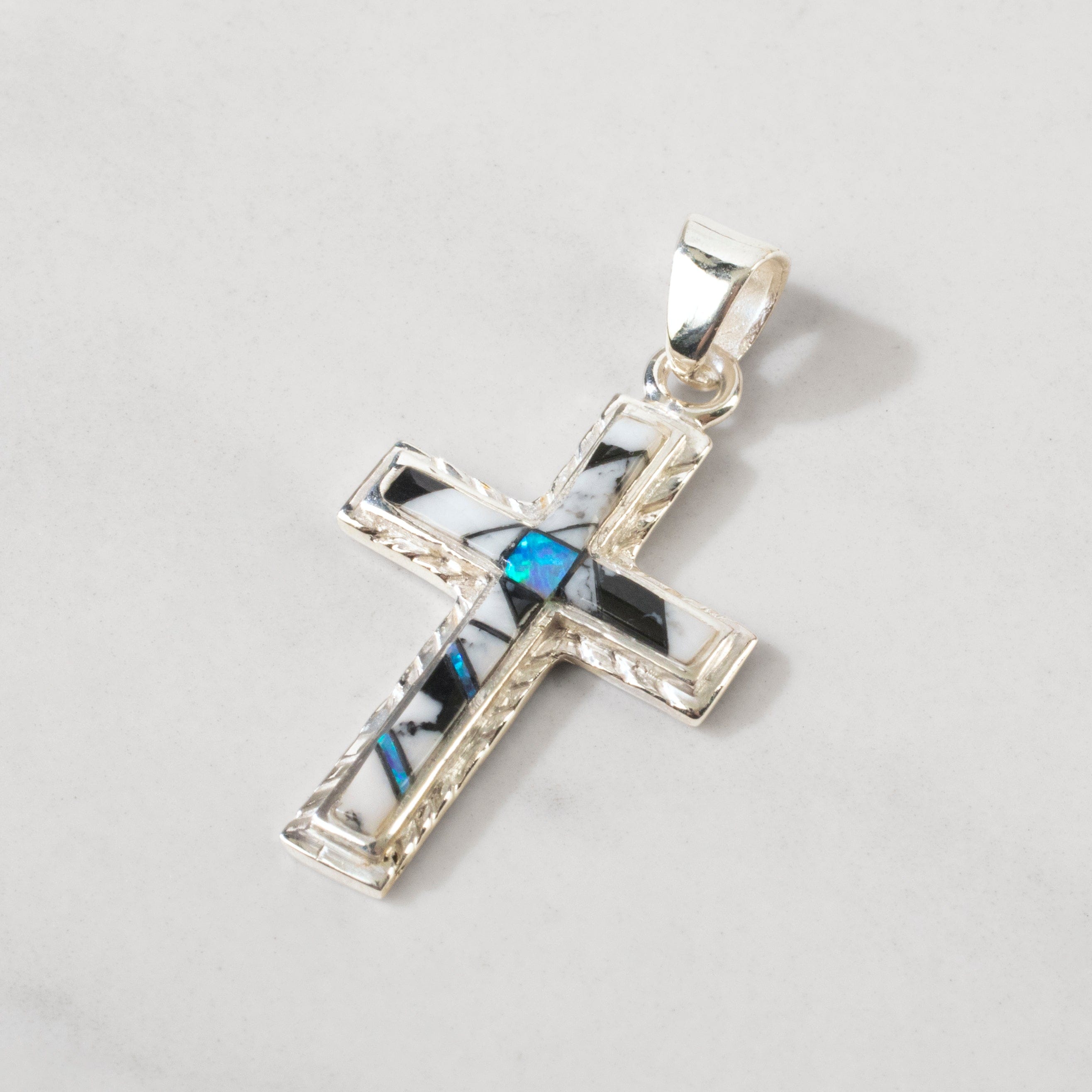 Kalifano Southwest Silver Jewelry White Buffalo Turquoise Cross 925 Sterling Silver USA Handmade Pendant with Opal Accent NMN.2054S.WB