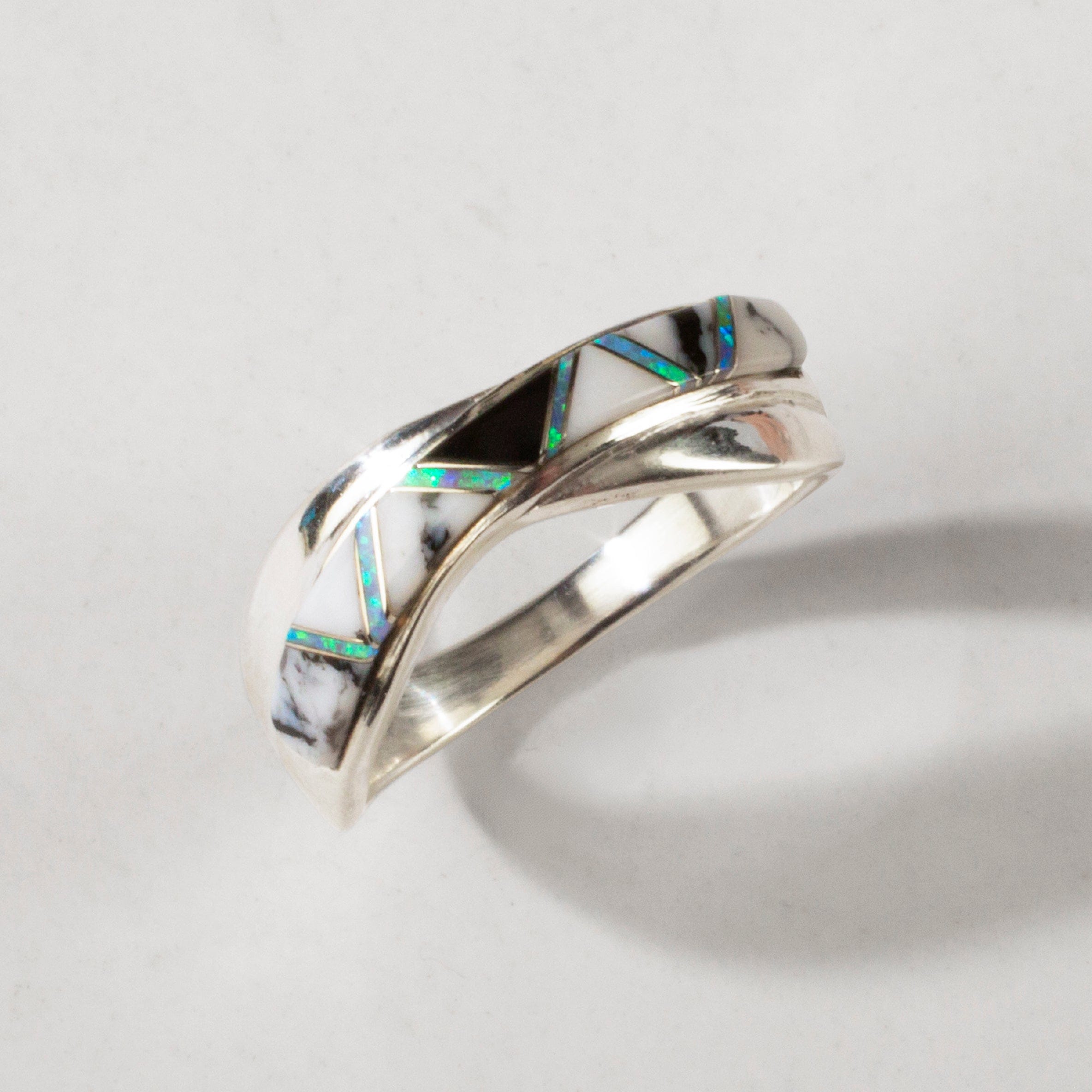 Kalifano Southwest Silver Jewelry White Buffalo Turquoise Crossover 925 Sterling Silver Ring USA Handmade with Laboratory Opal Accent