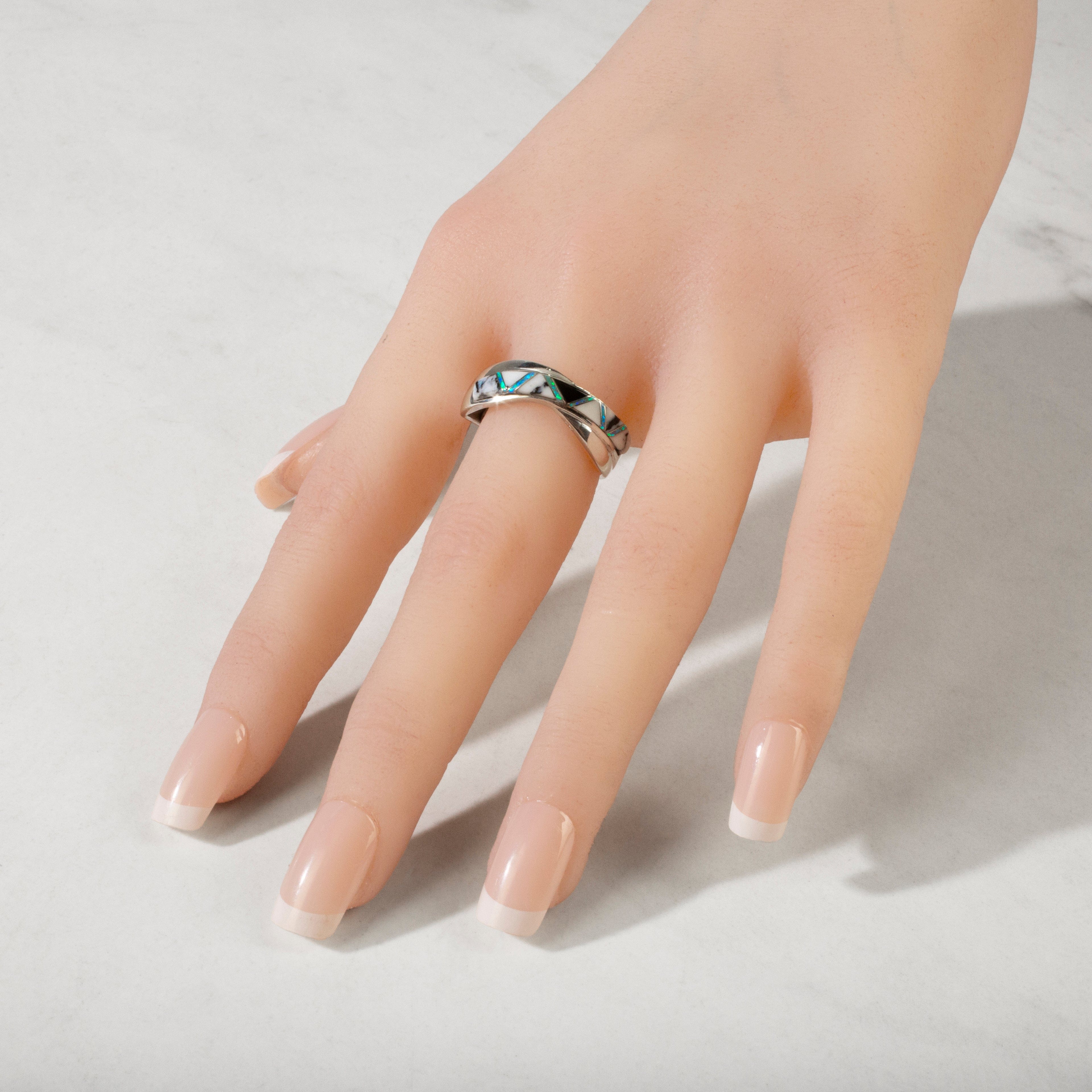 Kalifano Southwest Silver Jewelry White Buffalo Turquoise Crossover 925 Sterling Silver Ring USA Handmade with Laboratory Opal Accent