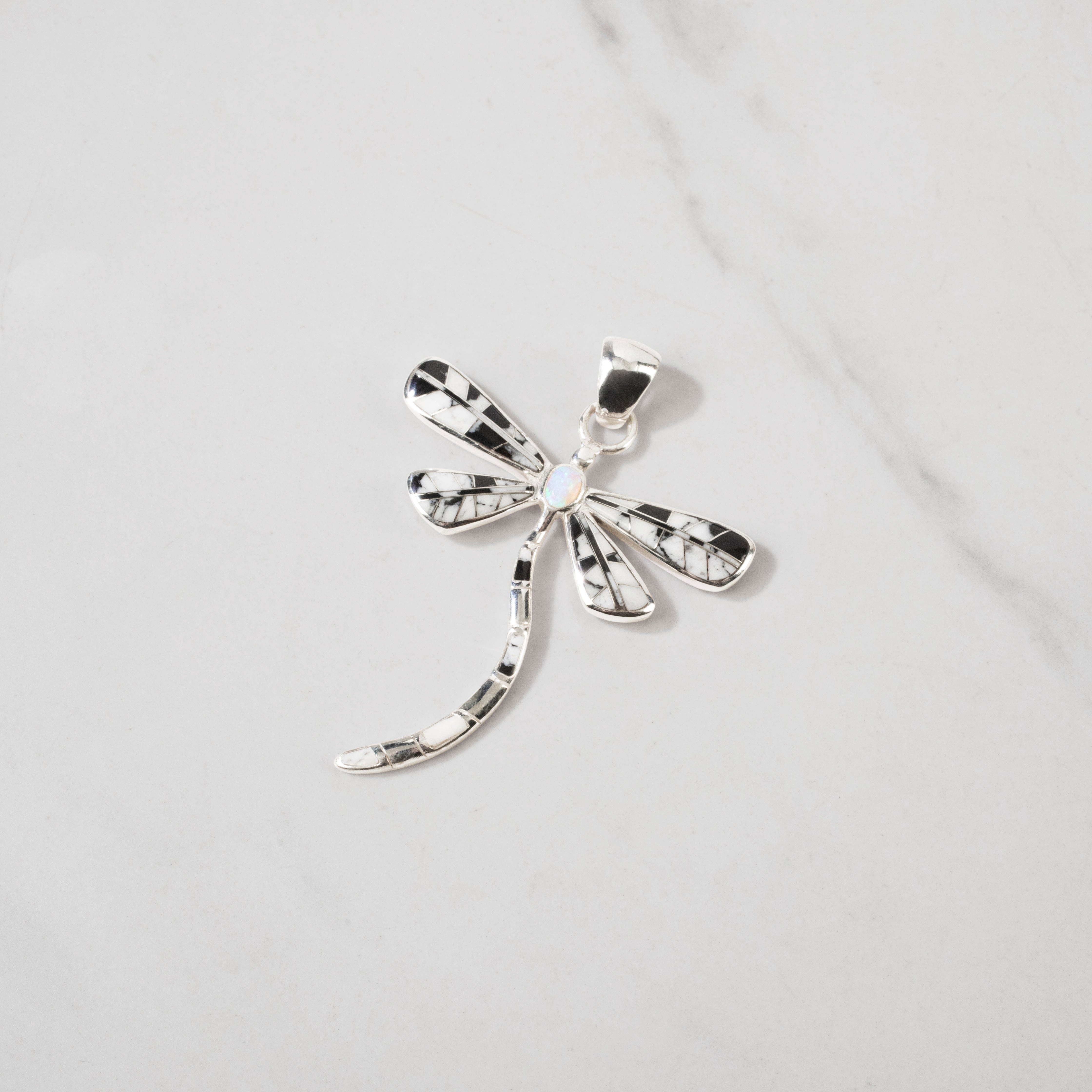 Kalifano Southwest Silver Jewelry White Buffalo Turquoise Dragonfly 925 Sterling Silver USA Handmade Pendant with Pink Opal Accent NMN.0893.WB
