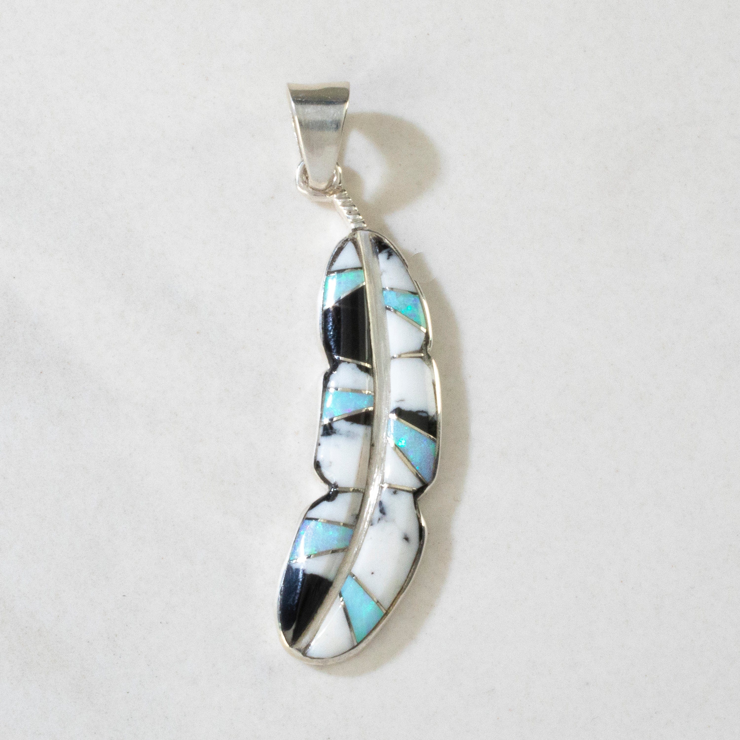 Kalifano Southwest Silver Jewelry White Buffalo Turquoise Feather 925 Sterling Silver Pendant USA Handmade with Opal Accent NMN.2312.WB