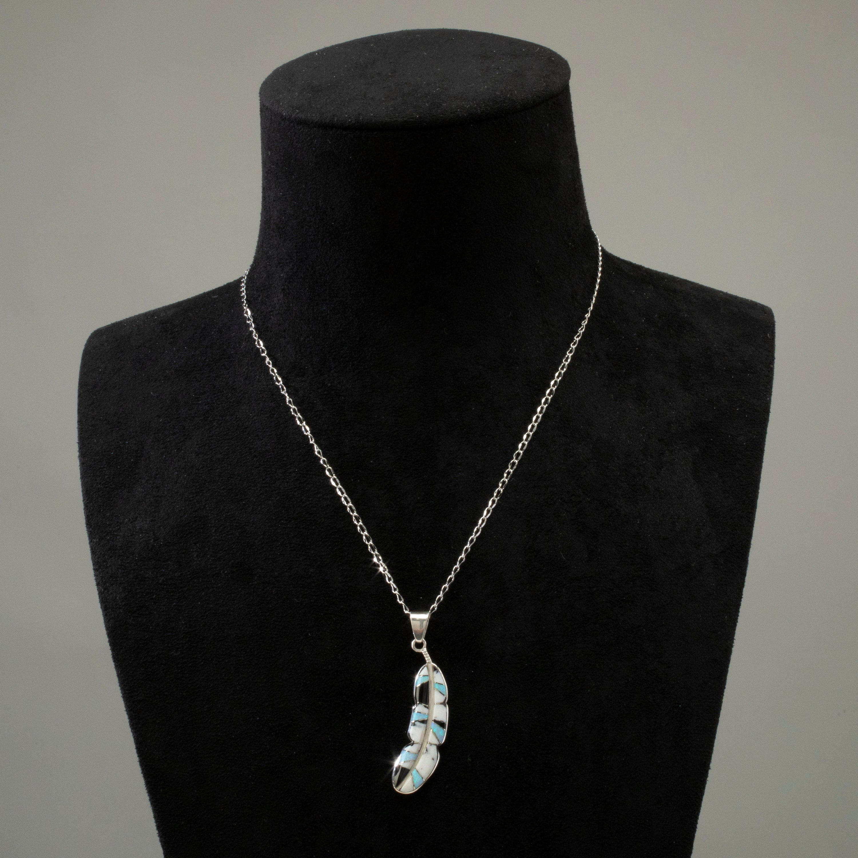 Kalifano Southwest Silver Jewelry White Buffalo Turquoise Feather 925 Sterling Silver Pendant USA Handmade with Opal Accent NMN.2312.WB