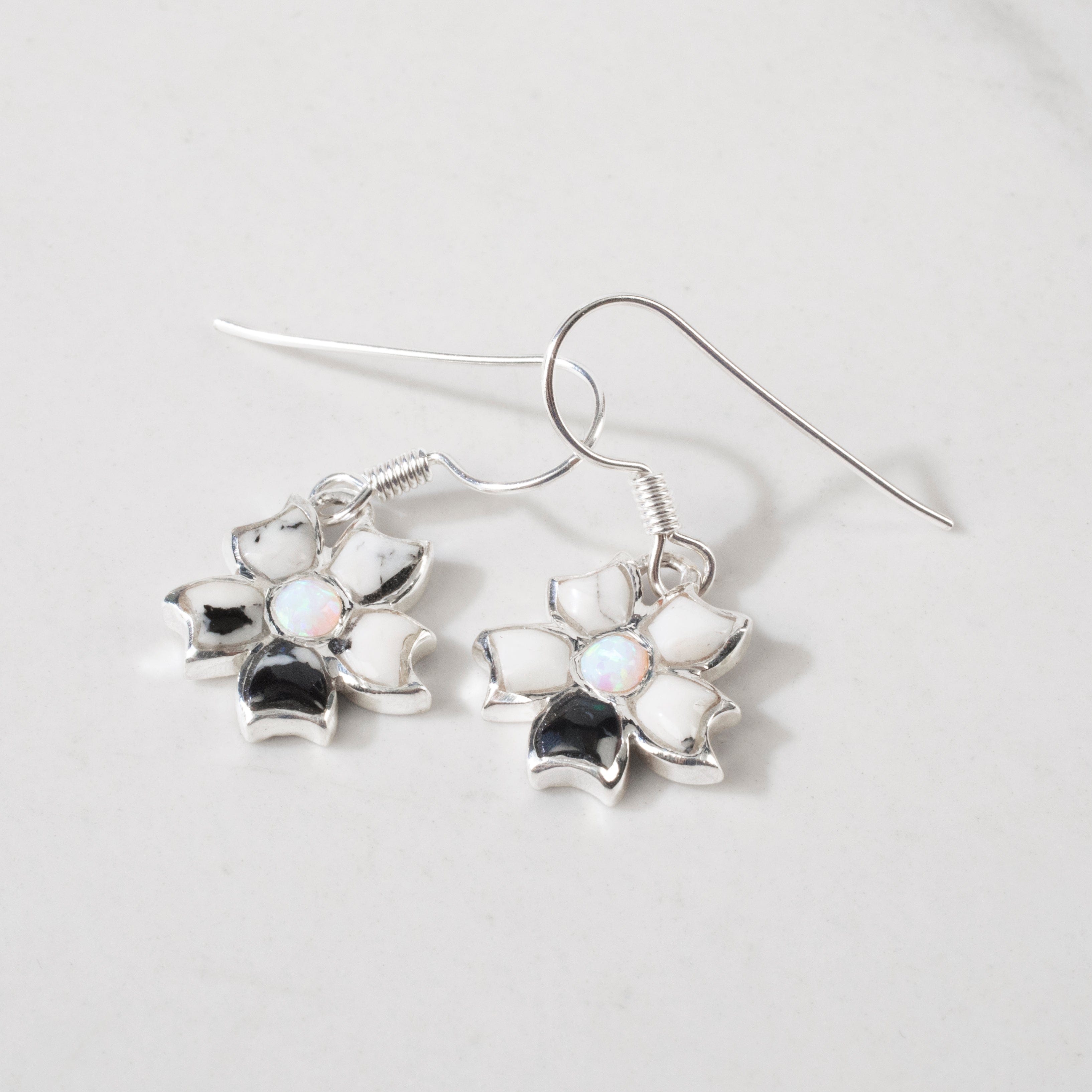 Kalifano Southwest Silver Jewelry White Buffalo Turquoise Flower 925 Sterling Silver USA Handmade Earring with French Hook NME.2226S.WB