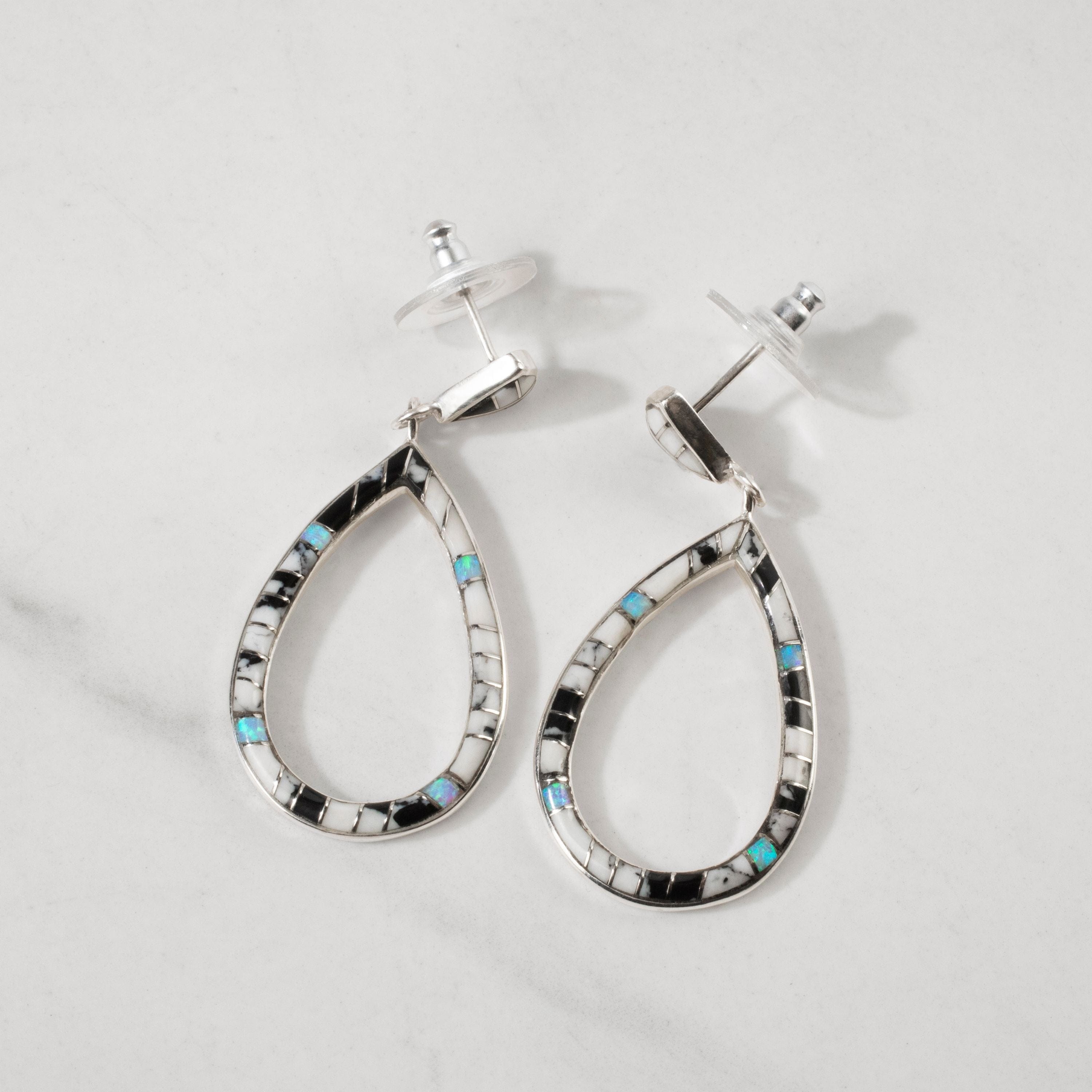 Kalifano Southwest Silver Jewelry White Buffalo Turquoise Hollow Teardrop 925 Sterling Silver USA Handmade Earrings with Stud Backing NME.2295.WB