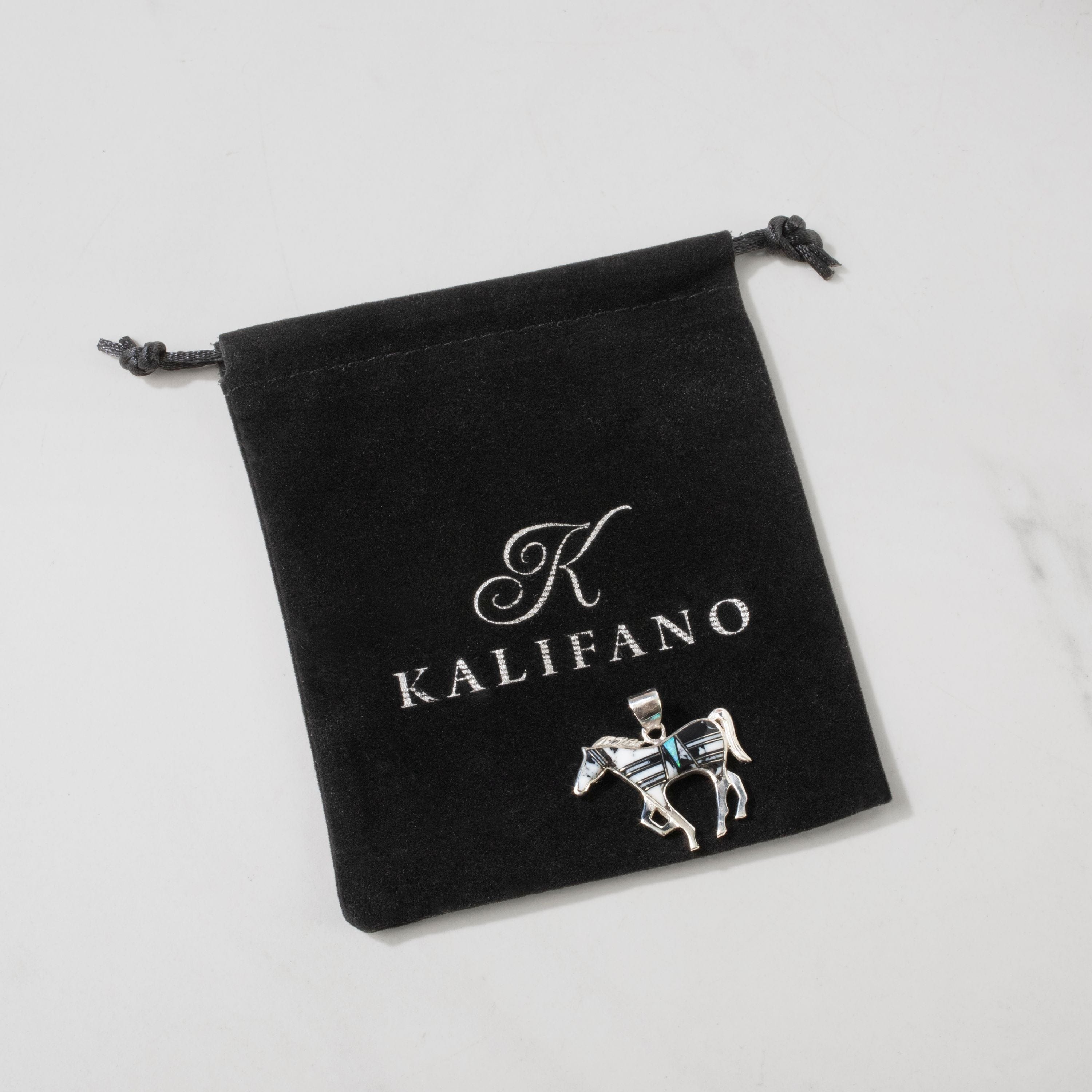Kalifano Southwest Silver Jewelry White Buffalo Turquoise Horse USA Handmade 925 Sterling Silver Pendant with Opal Accent NMN.1089.WB