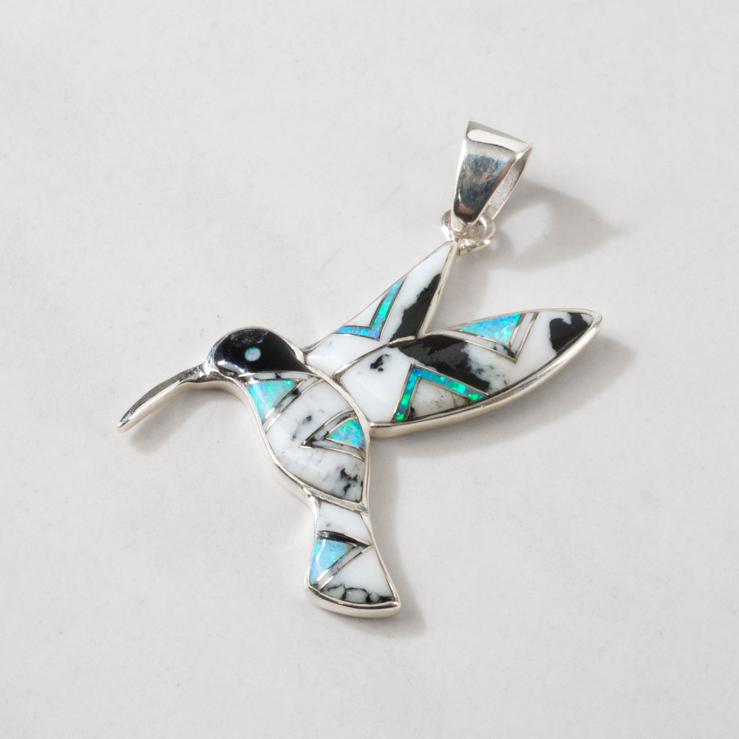 Kalifano Southwest Silver Jewelry White Buffalo Turquoise Hummingbird 925 Sterling Silver Pendant USA Handmade with Opal Accent NMN.2323.WB