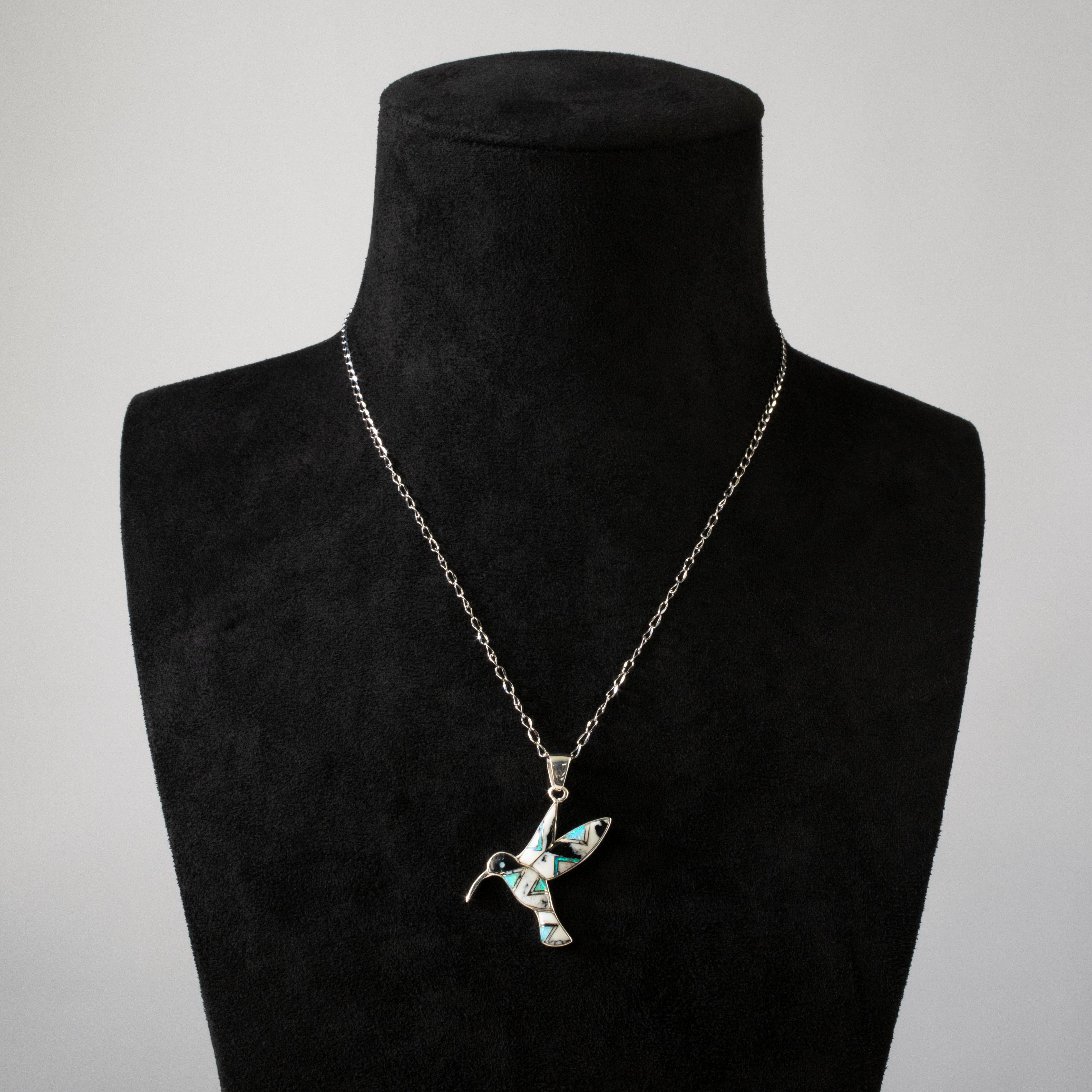 Kalifano Southwest Silver Jewelry White Buffalo Turquoise Hummingbird 925 Sterling Silver Pendant USA Handmade with Opal Accent NMN.2323.WB