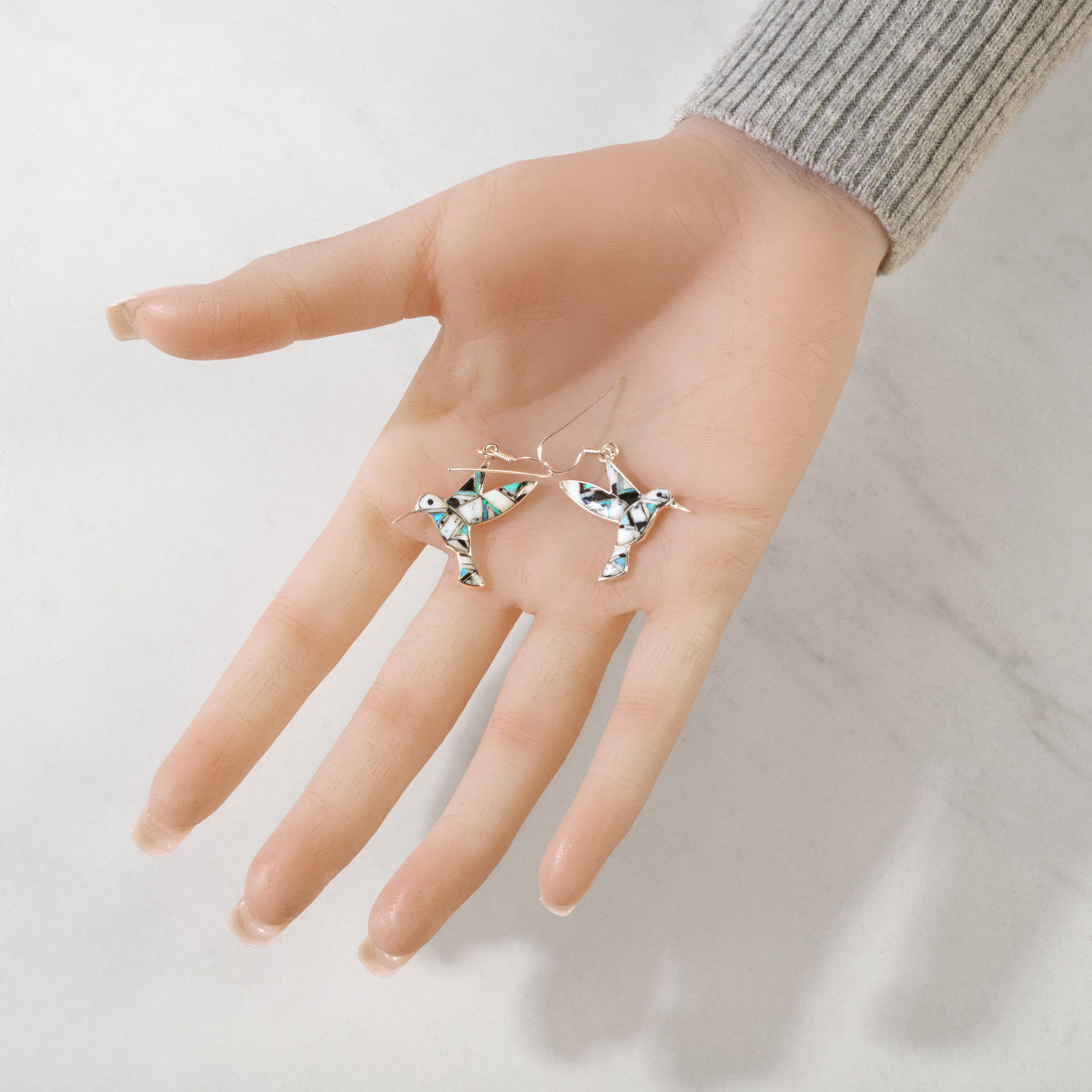 Kalifano Southwest Silver Jewelry White Buffalo Turquoise Hummingbird 925 Sterling Silver USA Handmade Earrings with French Hook NME.2323.WB