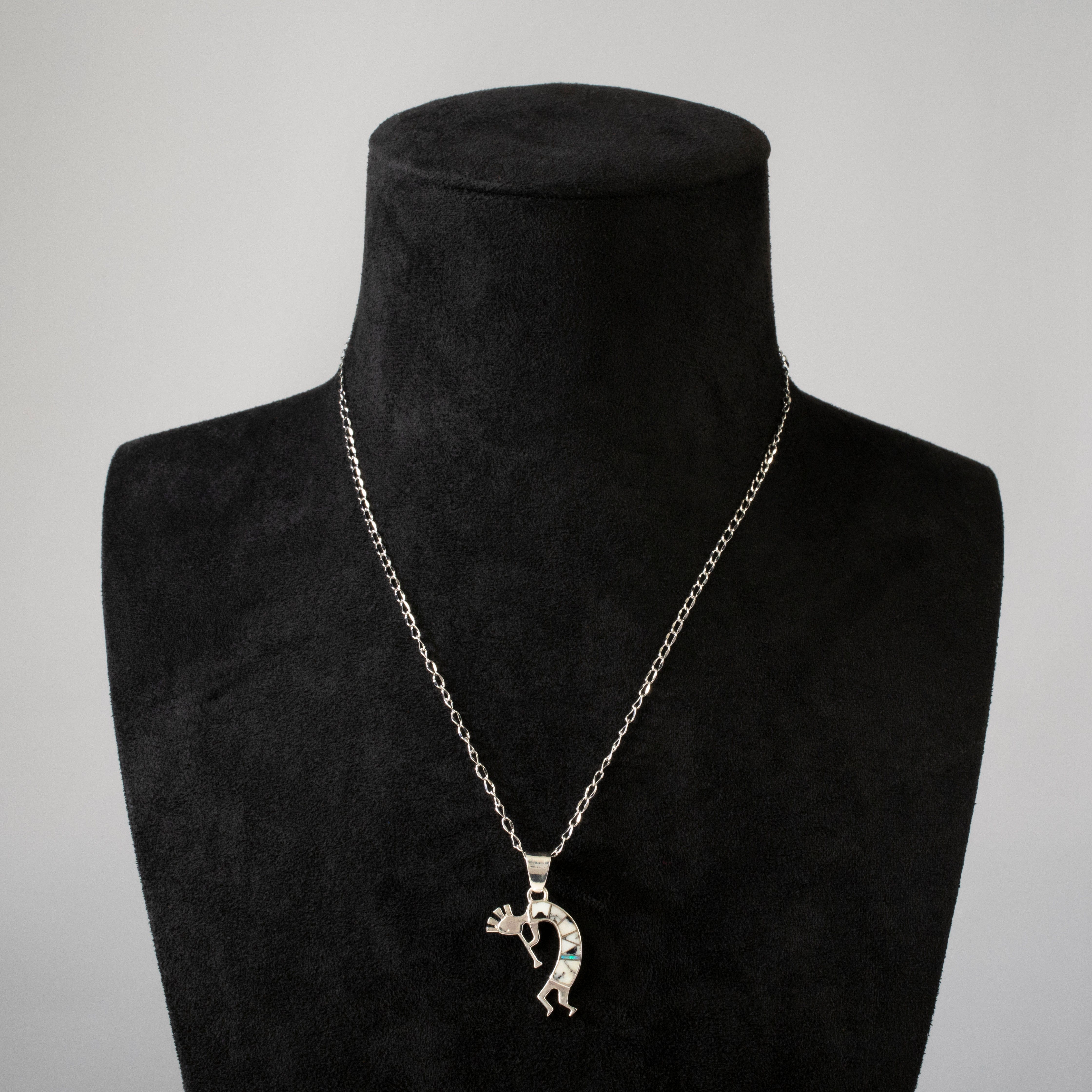 Kalifano Southwest Silver Jewelry White Buffalo Turquoise Kokopelli USA Handmade 925 Sterling Silver Pendant with Opal Accent NMN.0607.WB
