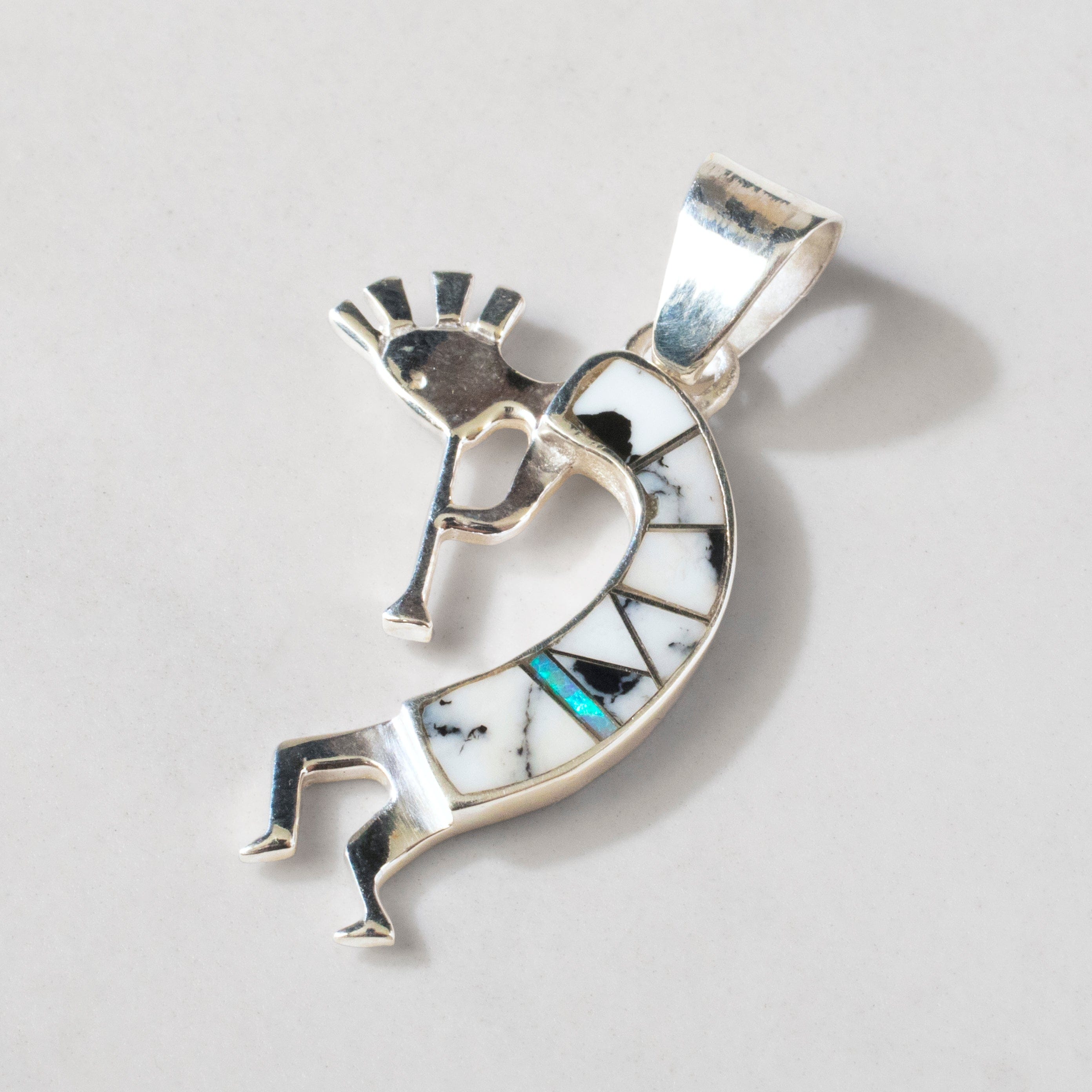 Kalifano Southwest Silver Jewelry White Buffalo Turquoise Kokopelli USA Handmade 925 Sterling Silver Pendant with Opal Accent NMN.0607.WB