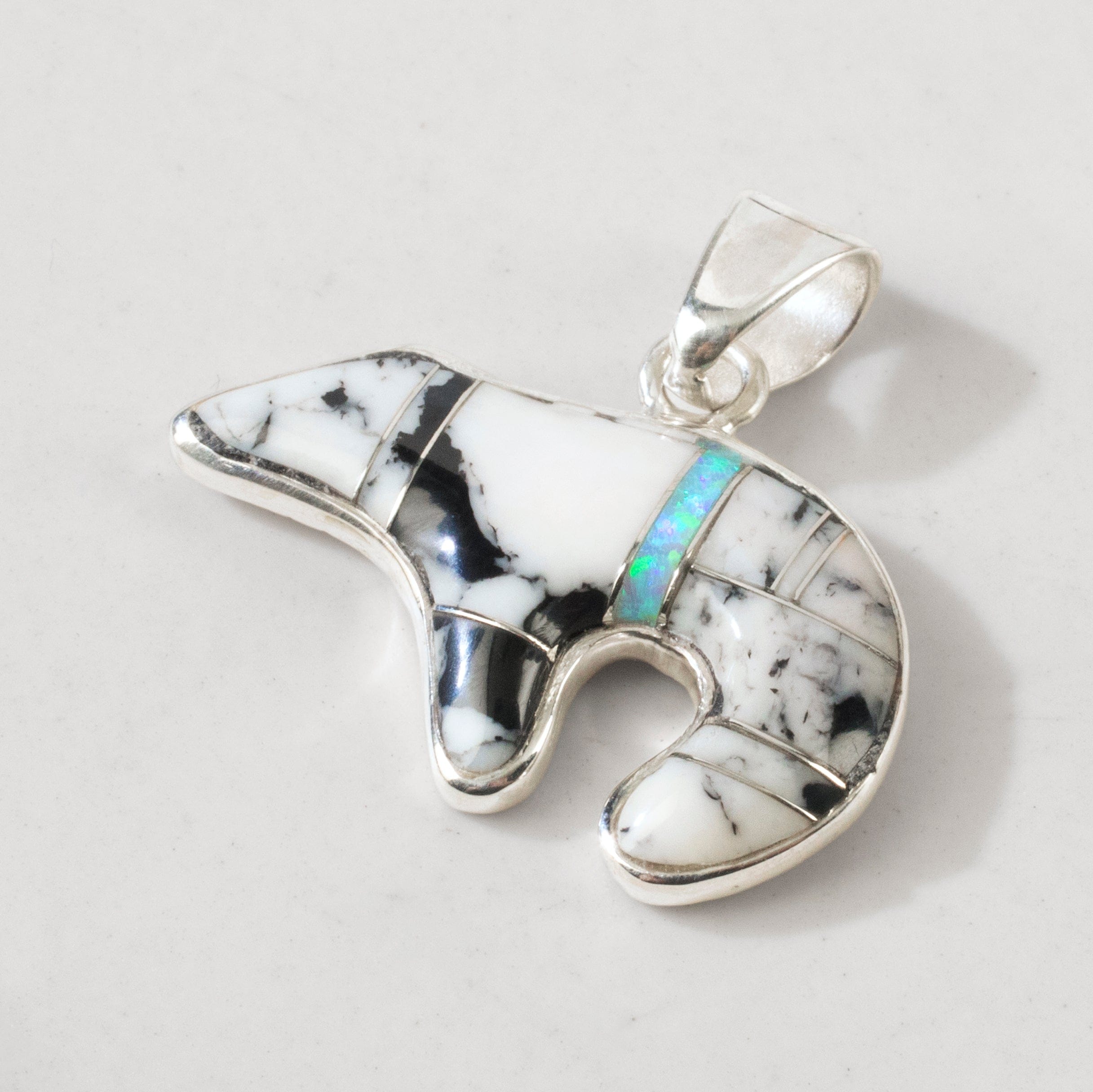 Kalifano Southwest Silver Jewelry White Buffalo Turquoise & Opal Bear USA Handmade 925 Sterling Silver Pendant NMN.0471.WB