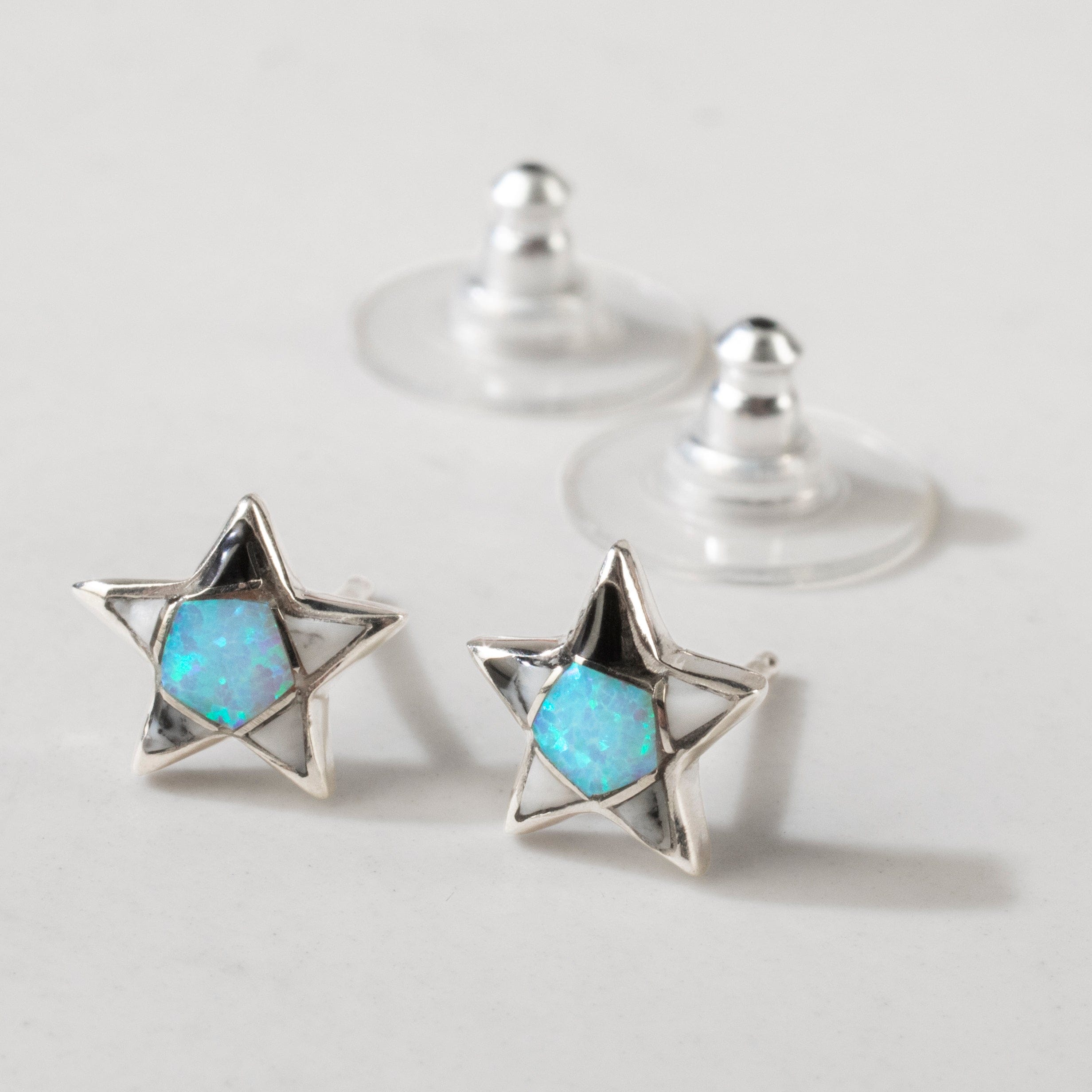Kalifano Southwest Silver Jewelry White Buffalo Turquoise & Opal Star 925 Sterling Silver USA Handmade Earrings with Stud Backing NME.2243.WB