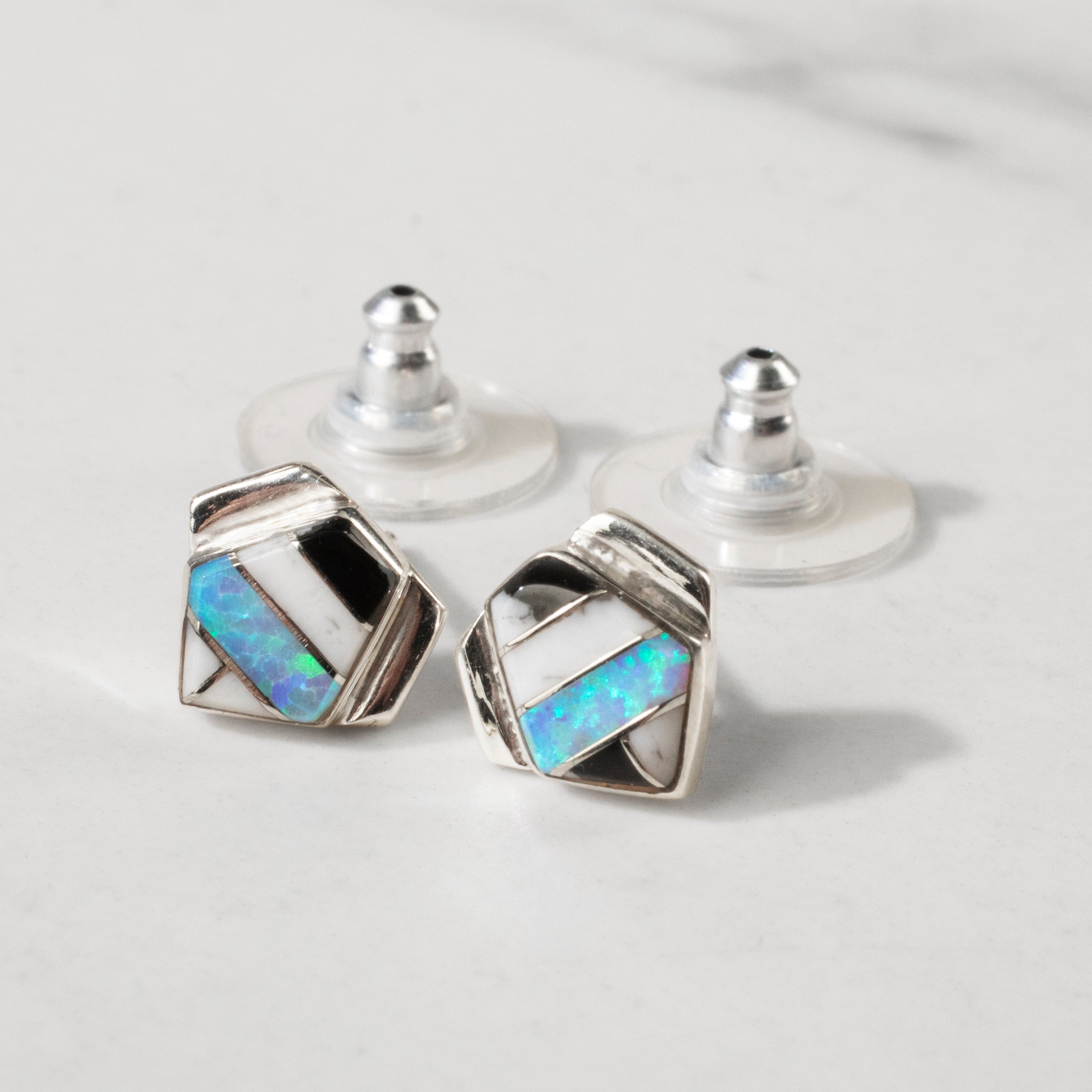 Kalifano Southwest Silver Jewelry White Buffalo Turquoise Pentagon 925 Sterling Silver USA Handmade Earring with Stud Backing NME.0371.WB