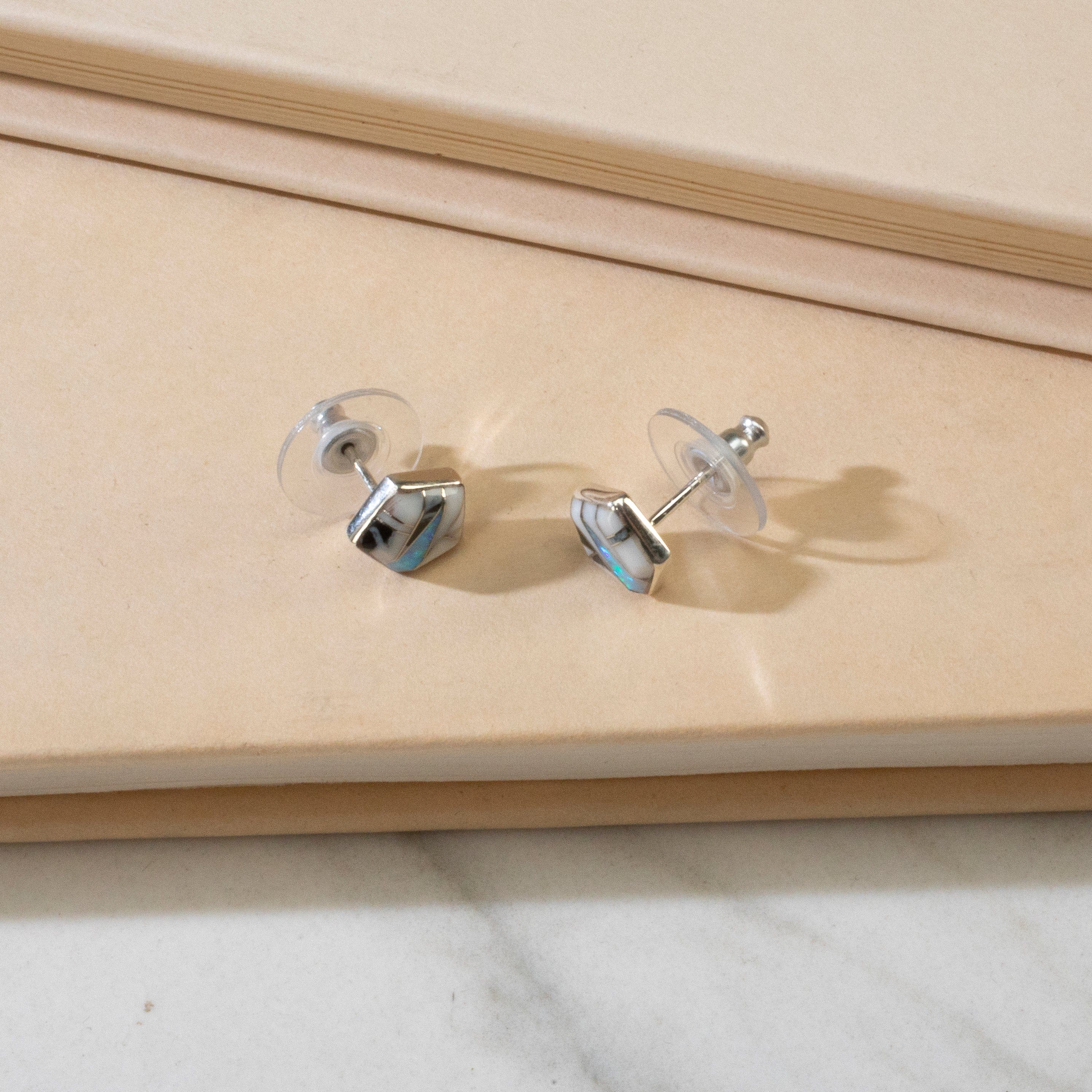 Kalifano Southwest Silver Jewelry White Buffalo Turquoise Pentagon USA Handmade 925 Sterling Silver Earrings with Opal Accent & Stud Backing NME.2270.WB