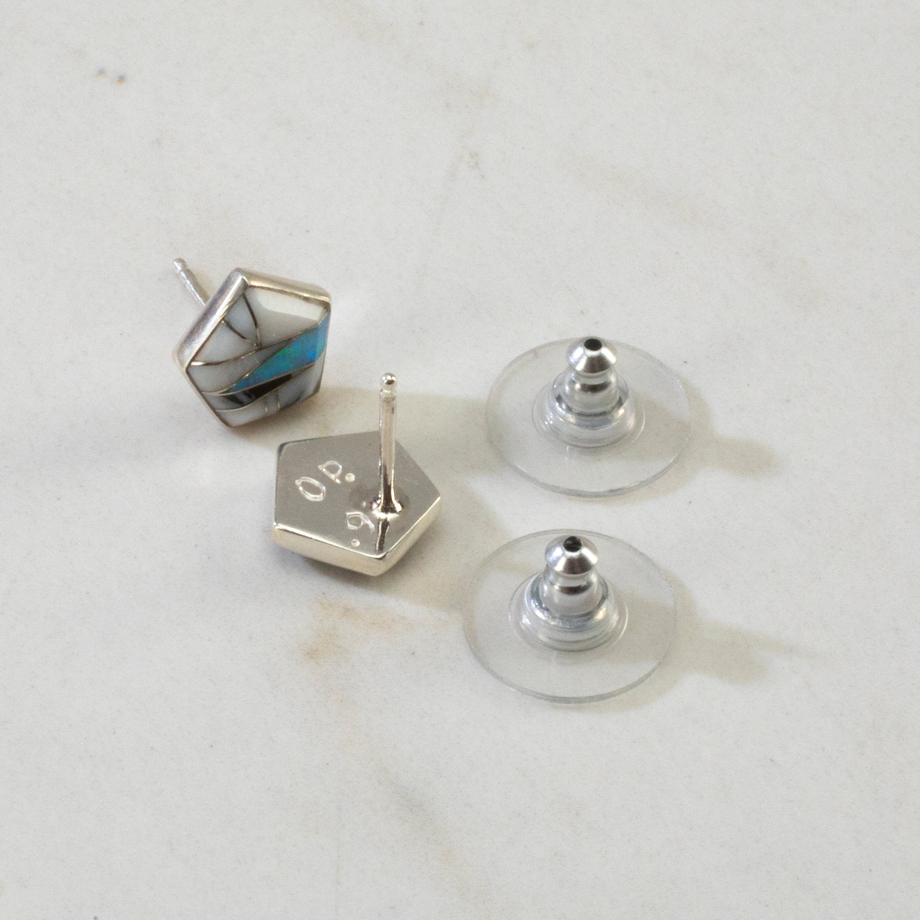Kalifano Southwest Silver Jewelry White Buffalo Turquoise Pentagon USA Handmade 925 Sterling Silver Earrings with Opal Accent & Stud Backing NME.2270.WB