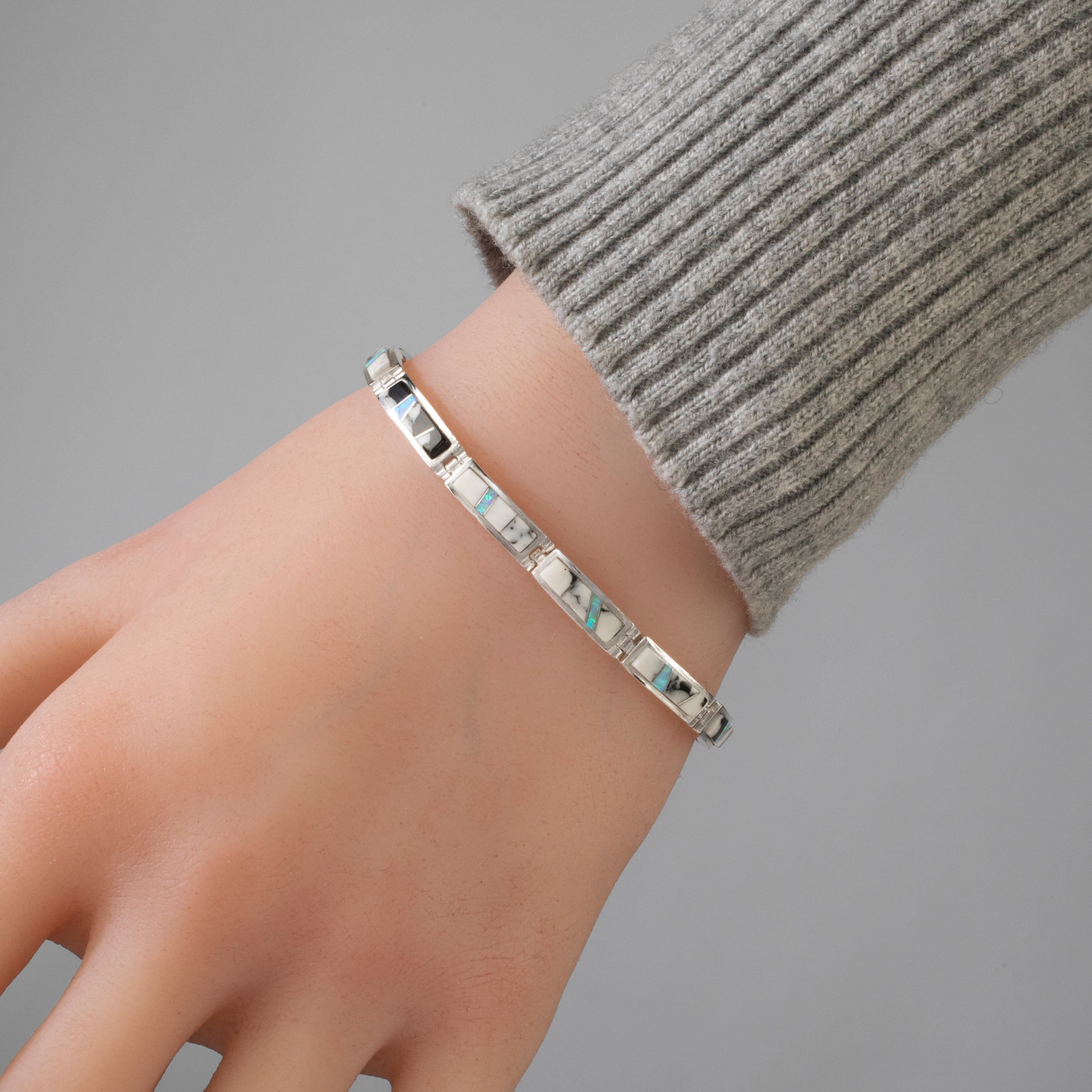 Kalifano Southwest Silver Jewelry White Buffalo Turquoise Regtangle 925 Sterling Silver USA Handmade Bracelet NMB.0560.WB