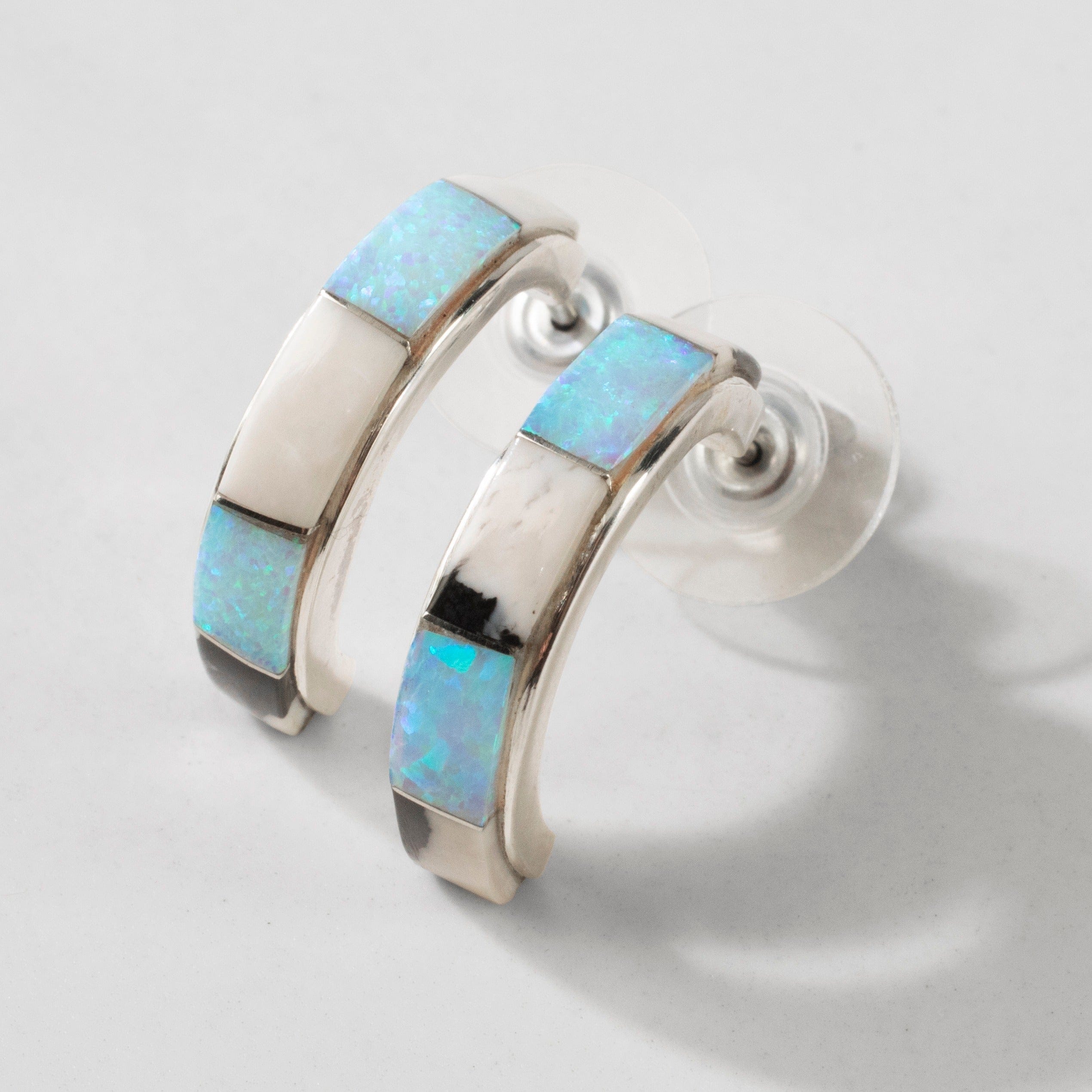 Kalifano Southwest Silver Jewelry White Buffalo Turquoise Semi Hoop 925 Sterling Silver USA Handmade Earring with Stud Backing NME.0612.WB