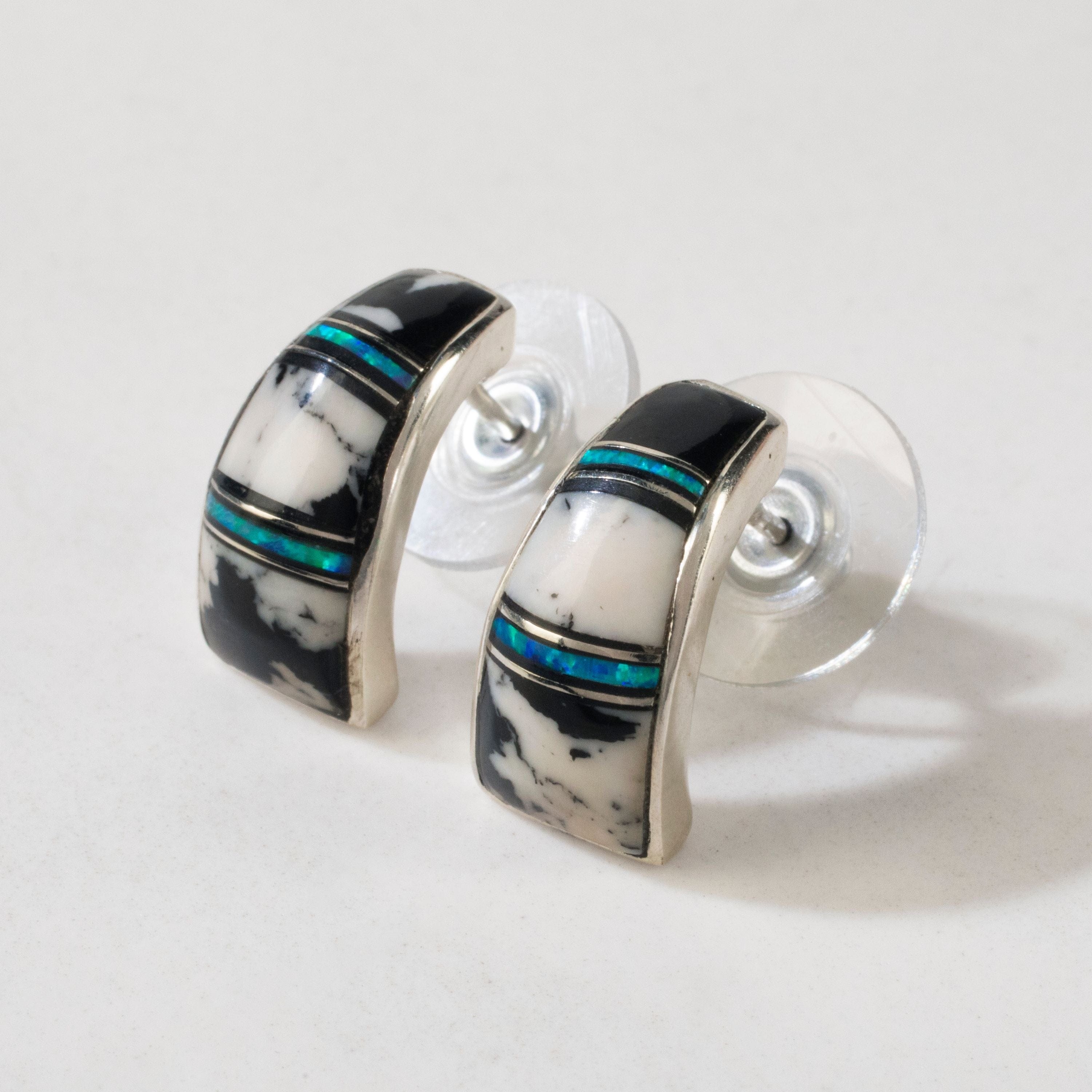 Kalifano Southwest Silver Jewelry White Buffalo Turquoise Semi Hoop 925 Sterling Silver USA Handmade Earring with Stud Backing NME.1096.WB
