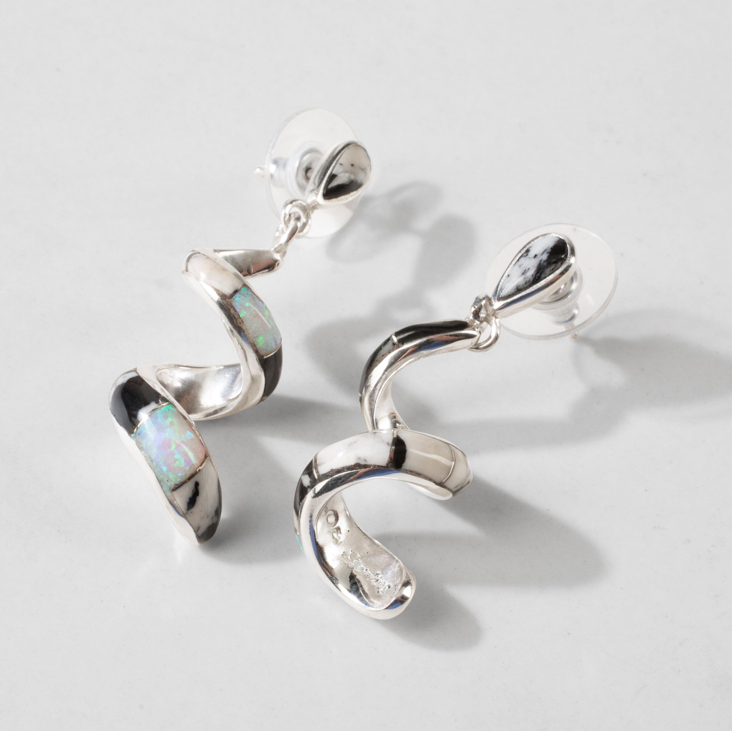 Kalifano Southwest Silver Jewelry White Buffalo Turquoise Spiral 925 Sterling Silver USA Handmade Earrings with Stud Backing NME.0416.WB