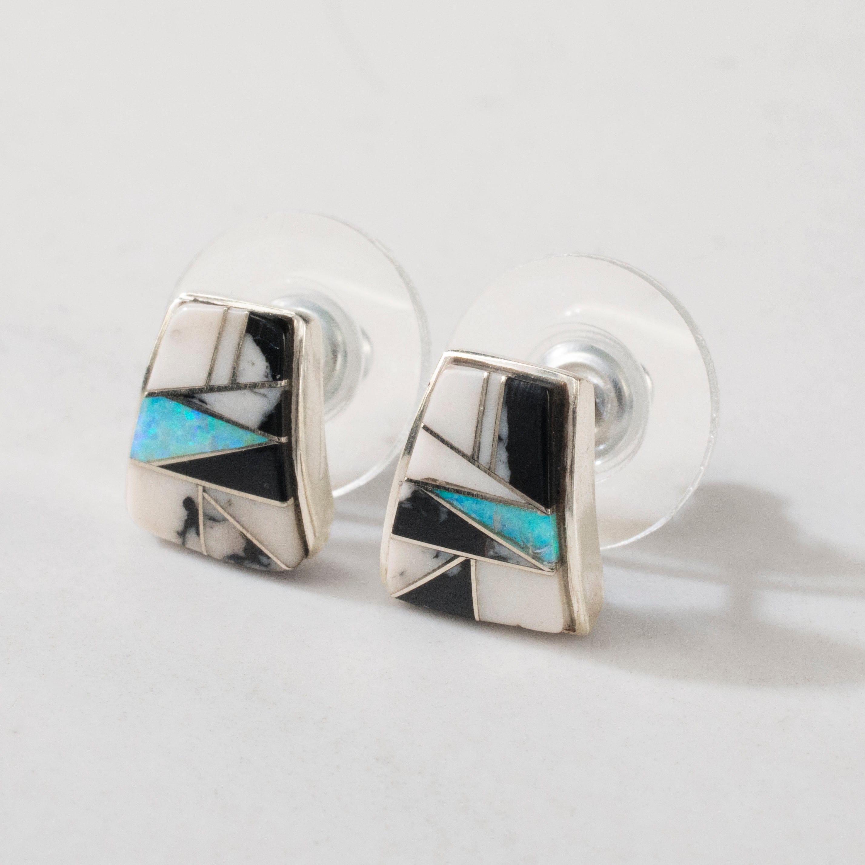 Kalifano Southwest Silver Jewelry White Buffalo Turquoise Stud 925 Sterling Silver Earring USA Handmade with Opal Accent NME.0366.WB