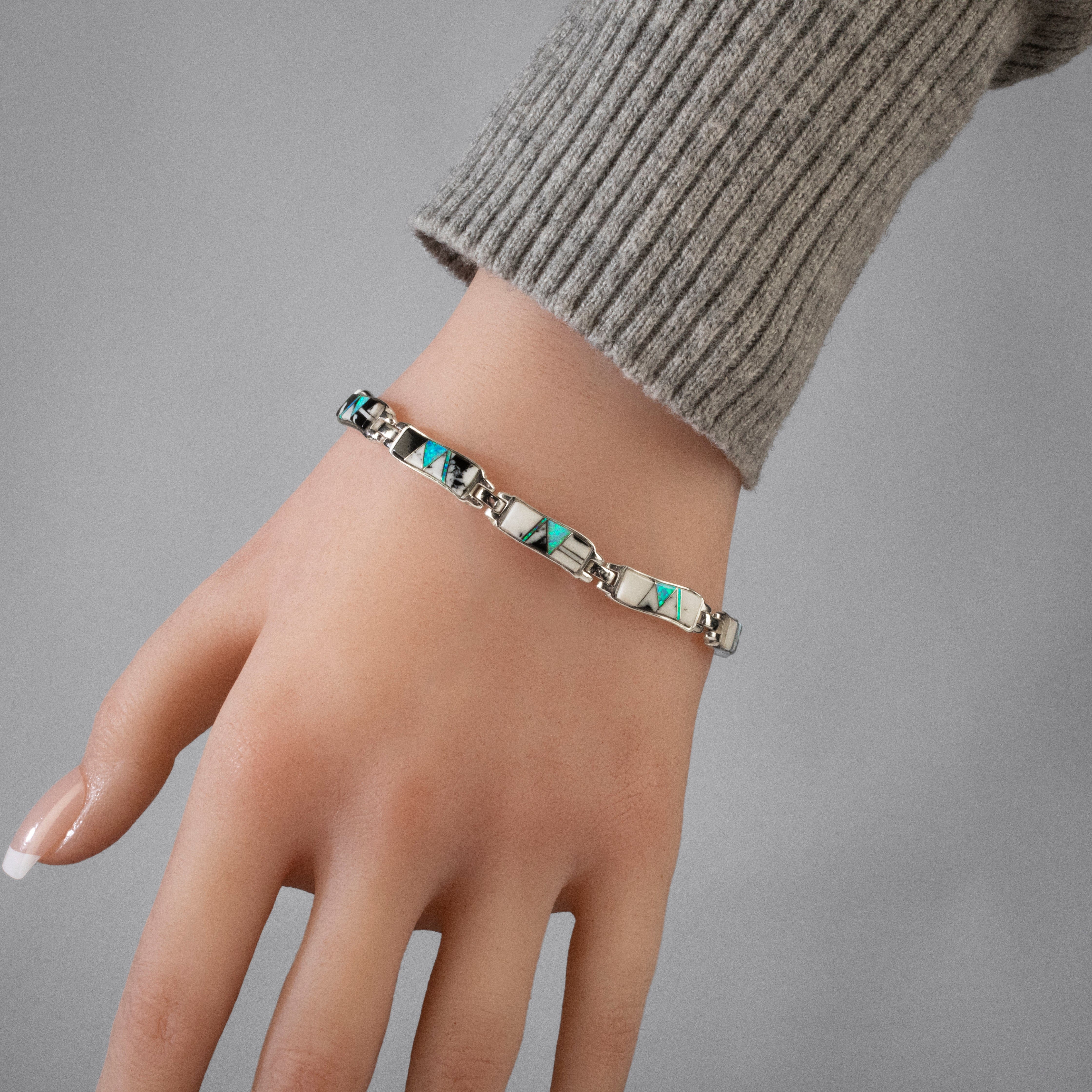 Kalifano Southwest Silver Jewelry White Buffalo Turquoise Wavy 925 Sterling Silver Bracelet USA Handmade with Opal Accent NMB.0764.WB