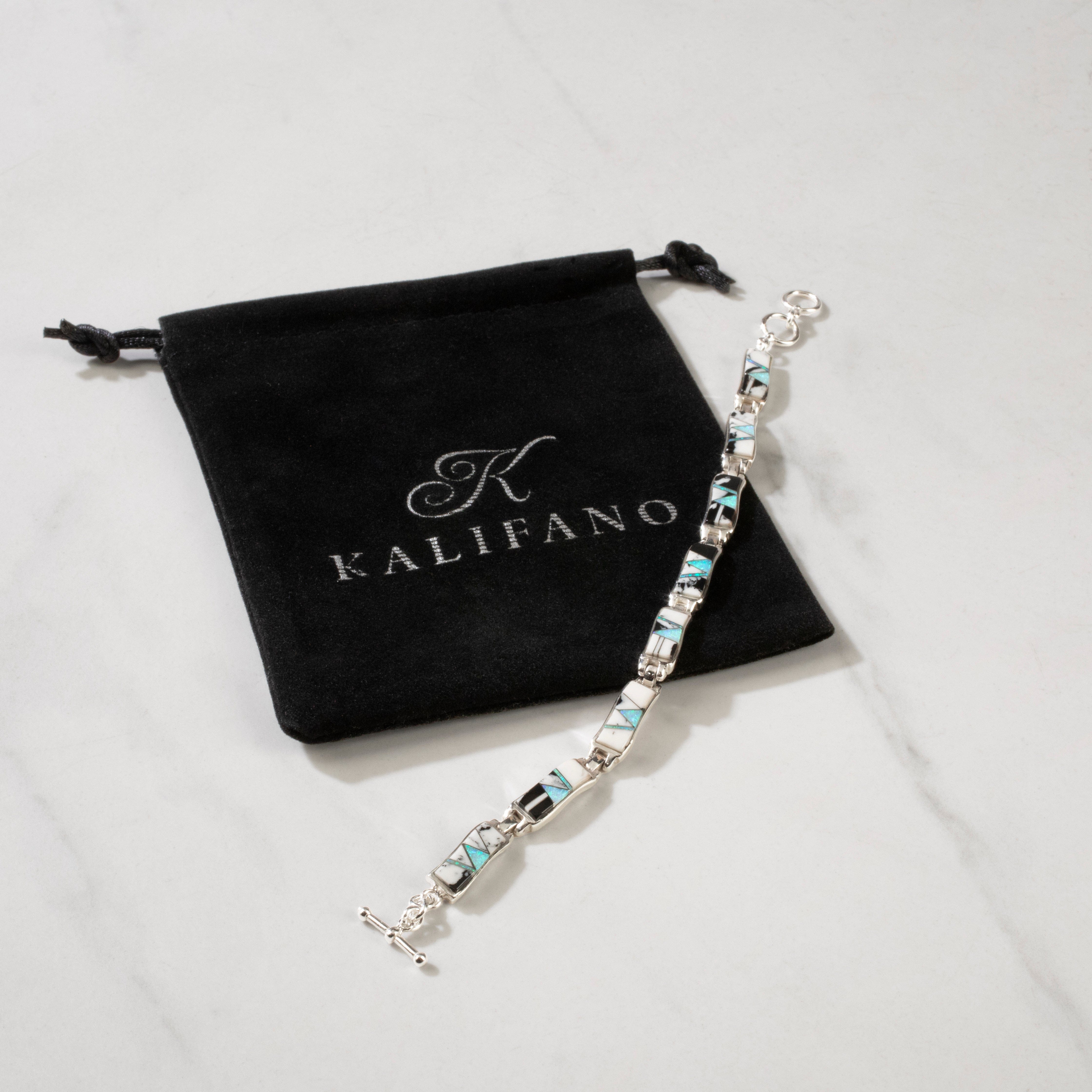 Kalifano Southwest Silver Jewelry White Buffalo Turquoise Wavy 925 Sterling Silver Bracelet USA Handmade with Opal Accent NMB.0764.WB