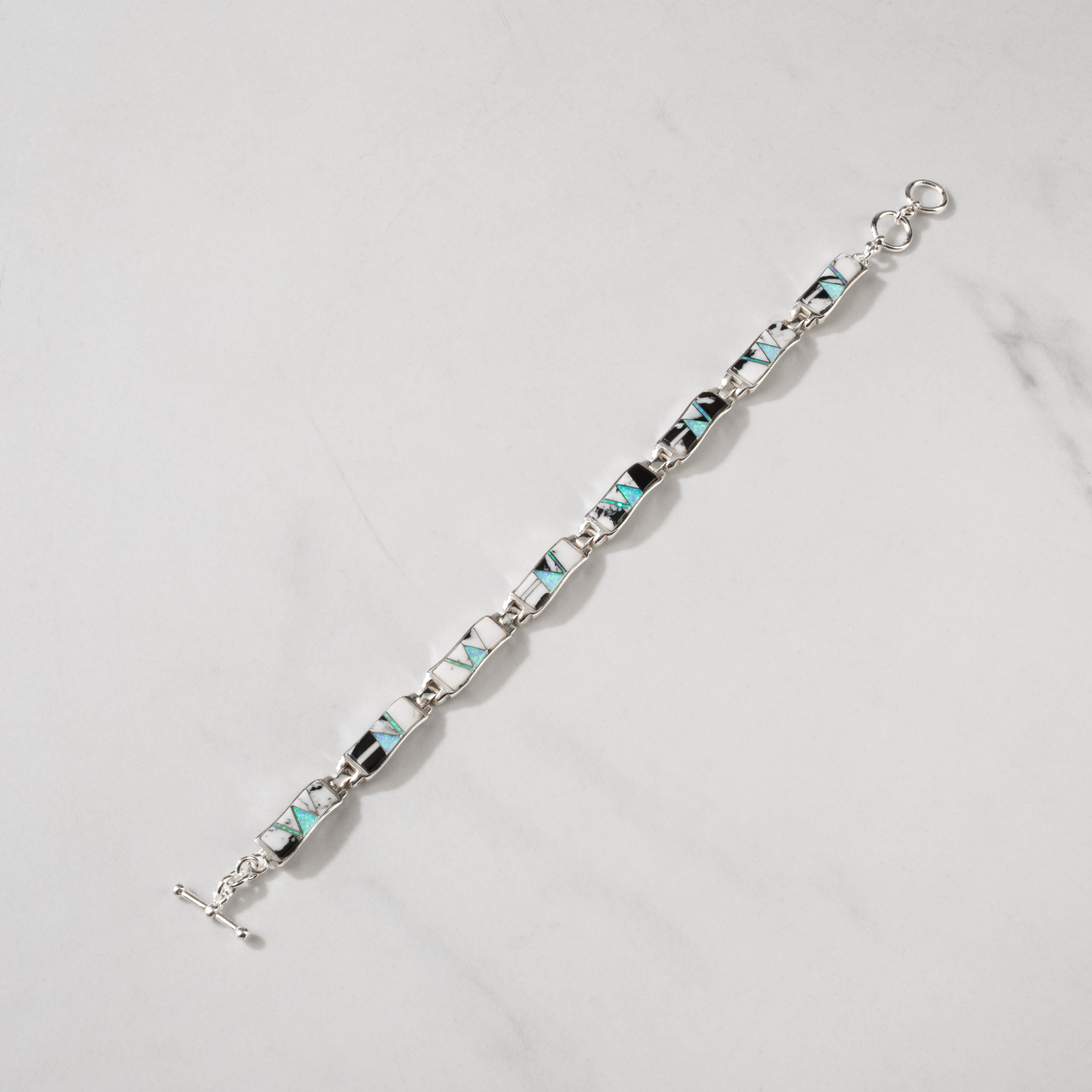 Kalifano Southwest Silver Jewelry White Buffalo Turquoise Wavy 925 Sterling Silver Bracelet USA Handmade with Opal Accent NMB.0764.WB