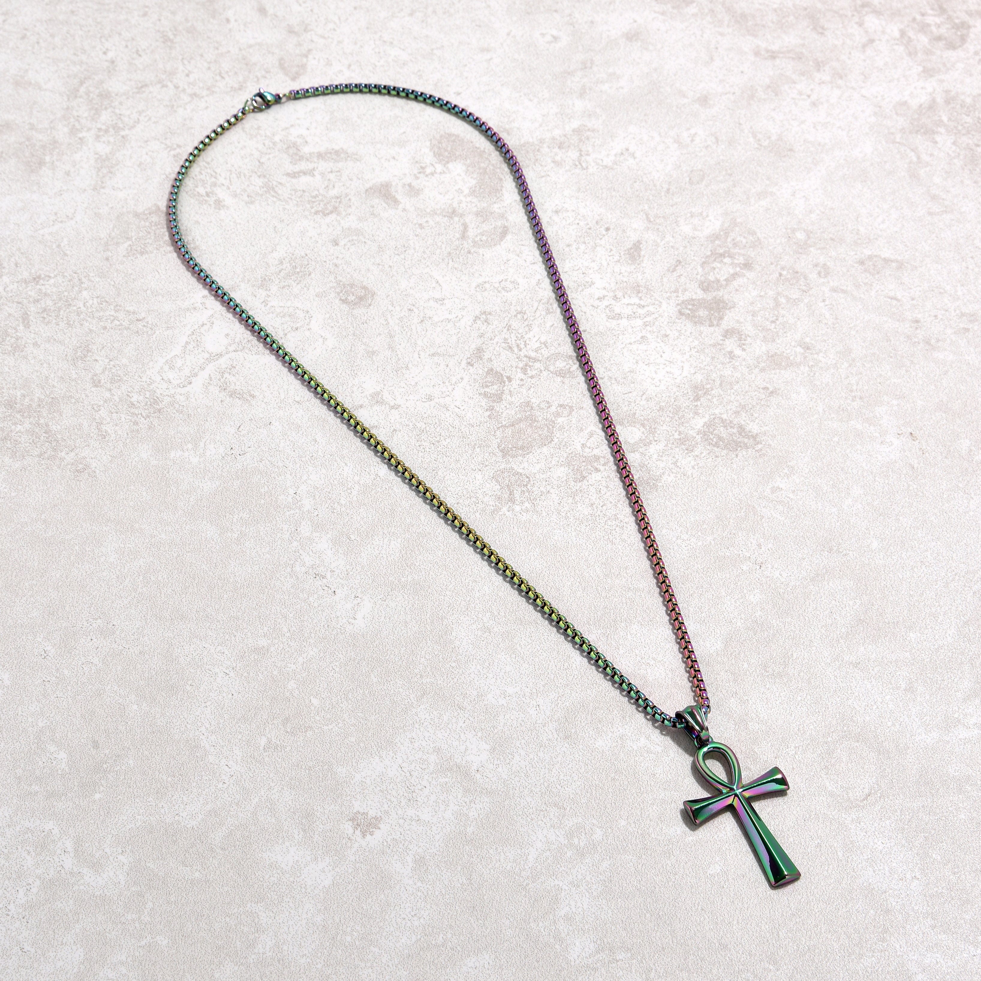 Kalifano Steel Hearts Jewelry Aurora Borealis Ankh Cross Steel Hearts Necklace SHN505-AB