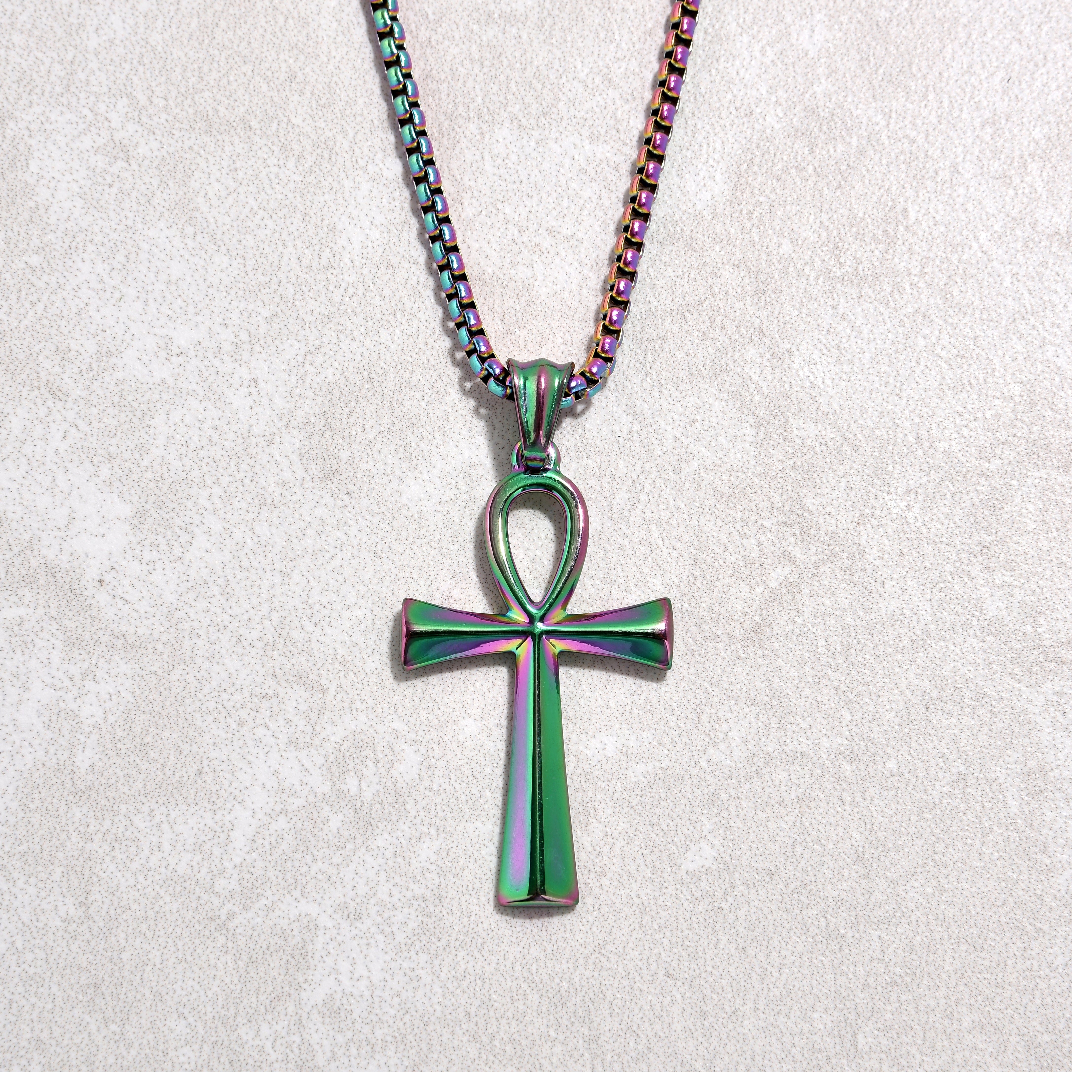 Kalifano Steel Hearts Jewelry Aurora Borealis Ankh Cross Steel Hearts Necklace SHN505-AB