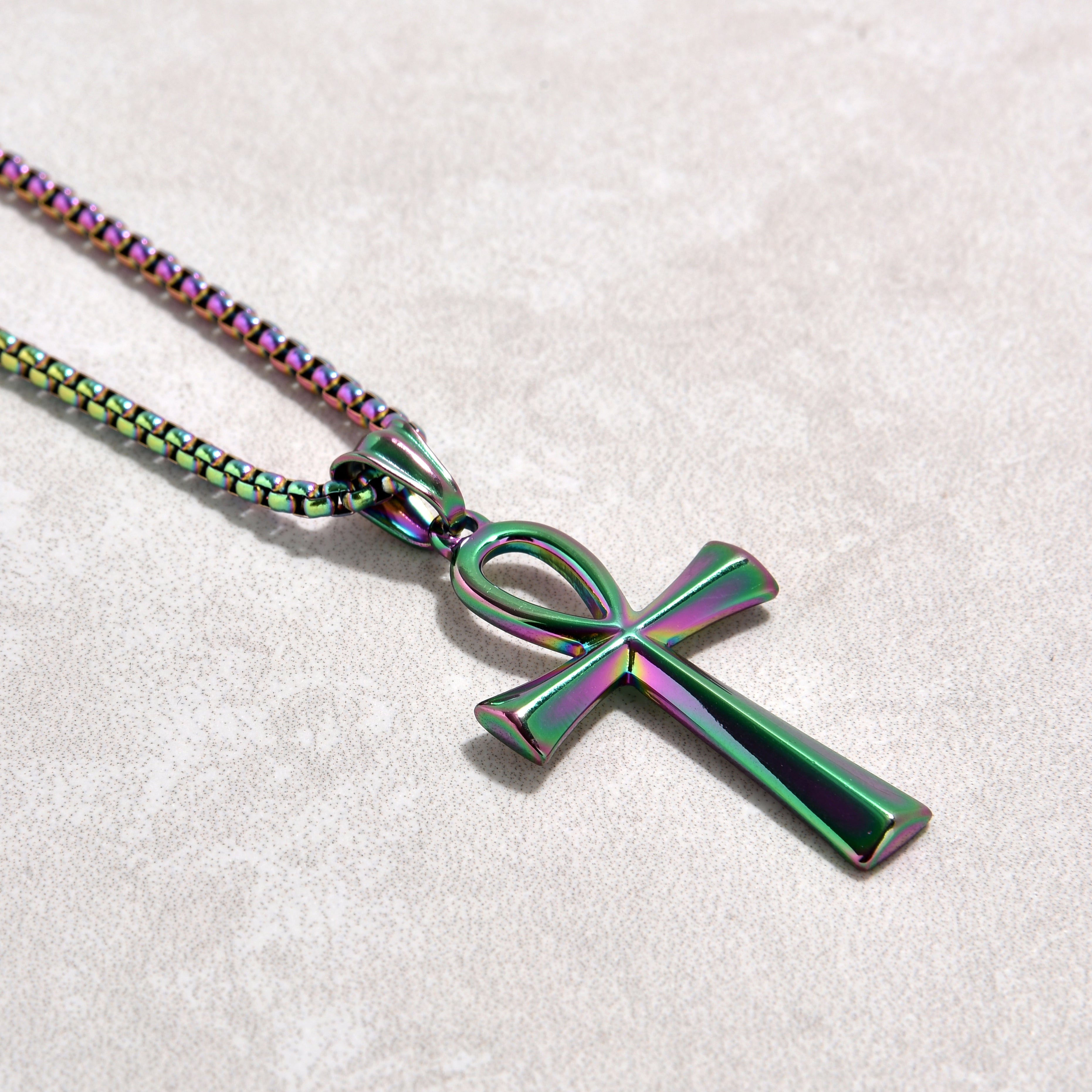 Kalifano Steel Hearts Jewelry Aurora Borealis Ankh Cross Steel Hearts Necklace SHN505-AB