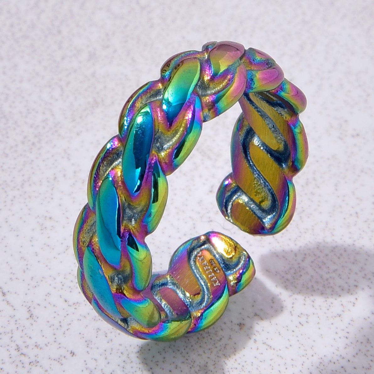 Kalifano Steel Hearts Jewelry Aurora Borealis Braided Rope Steel Hearts Ring