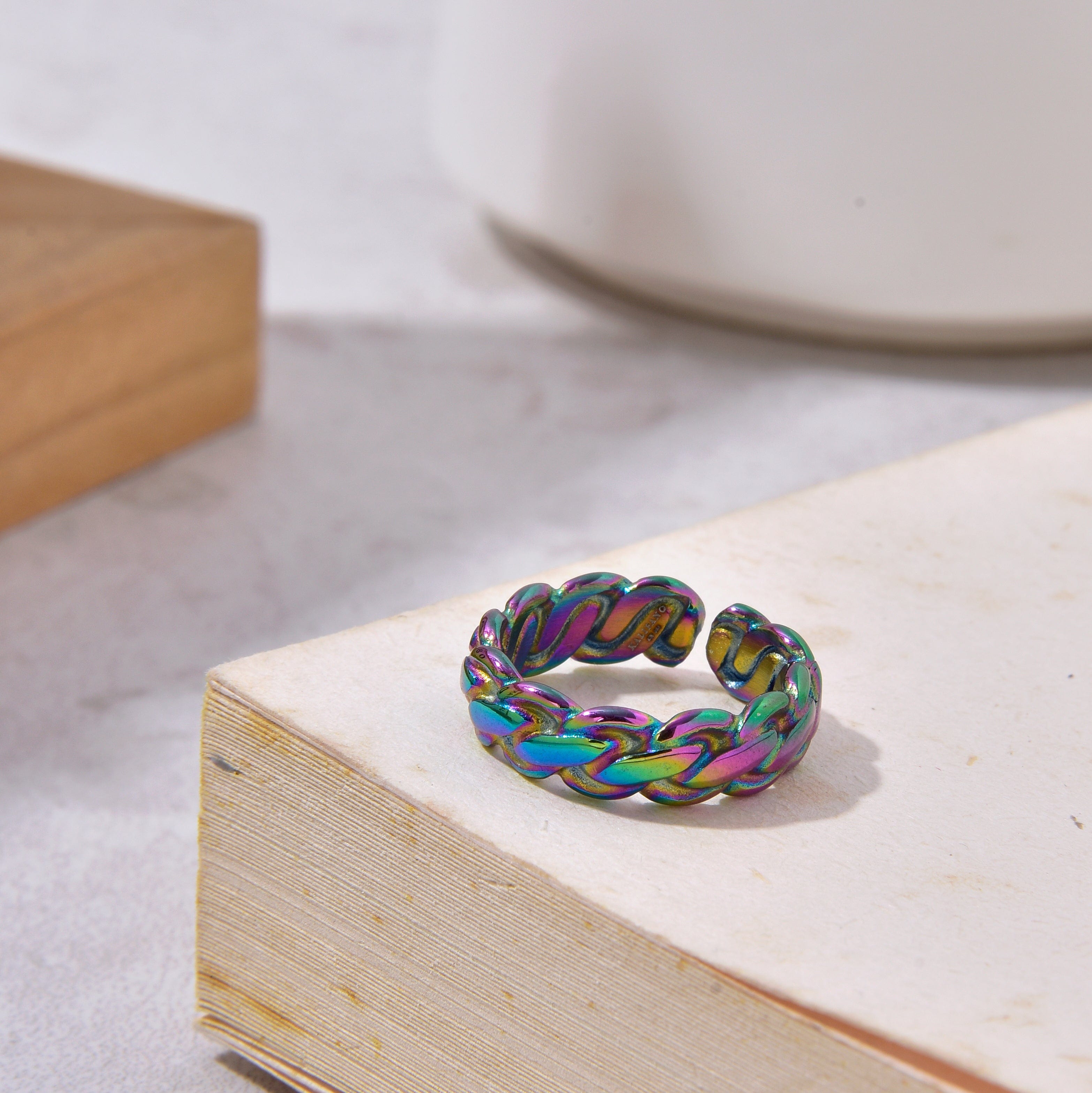 Kalifano Steel Hearts Jewelry Aurora Borealis Braided Rope Steel Hearts Ring