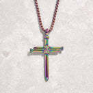 Aurora Borealis Cross Steel Hearts Necklace