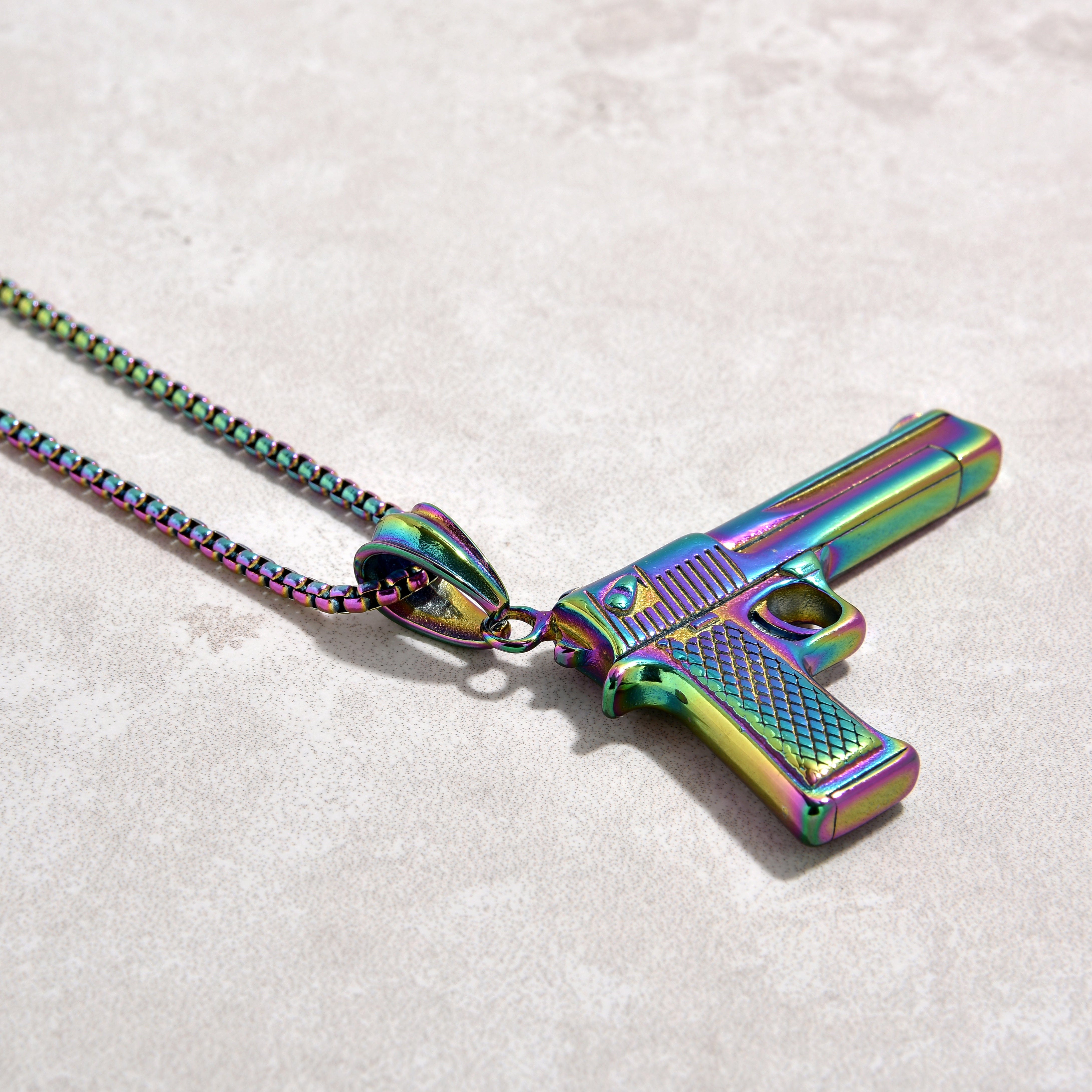 Kalifano Steel Hearts Jewelry Aurora Borealis Desert Eagle gun Steel Hearts Necklace SHN523-AB